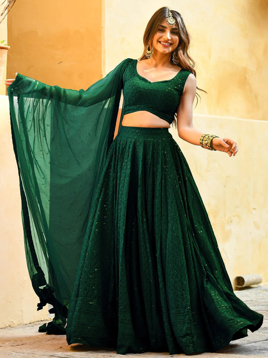 Green Sweet Sequins Georgette Reception Wear Lehenga Choli