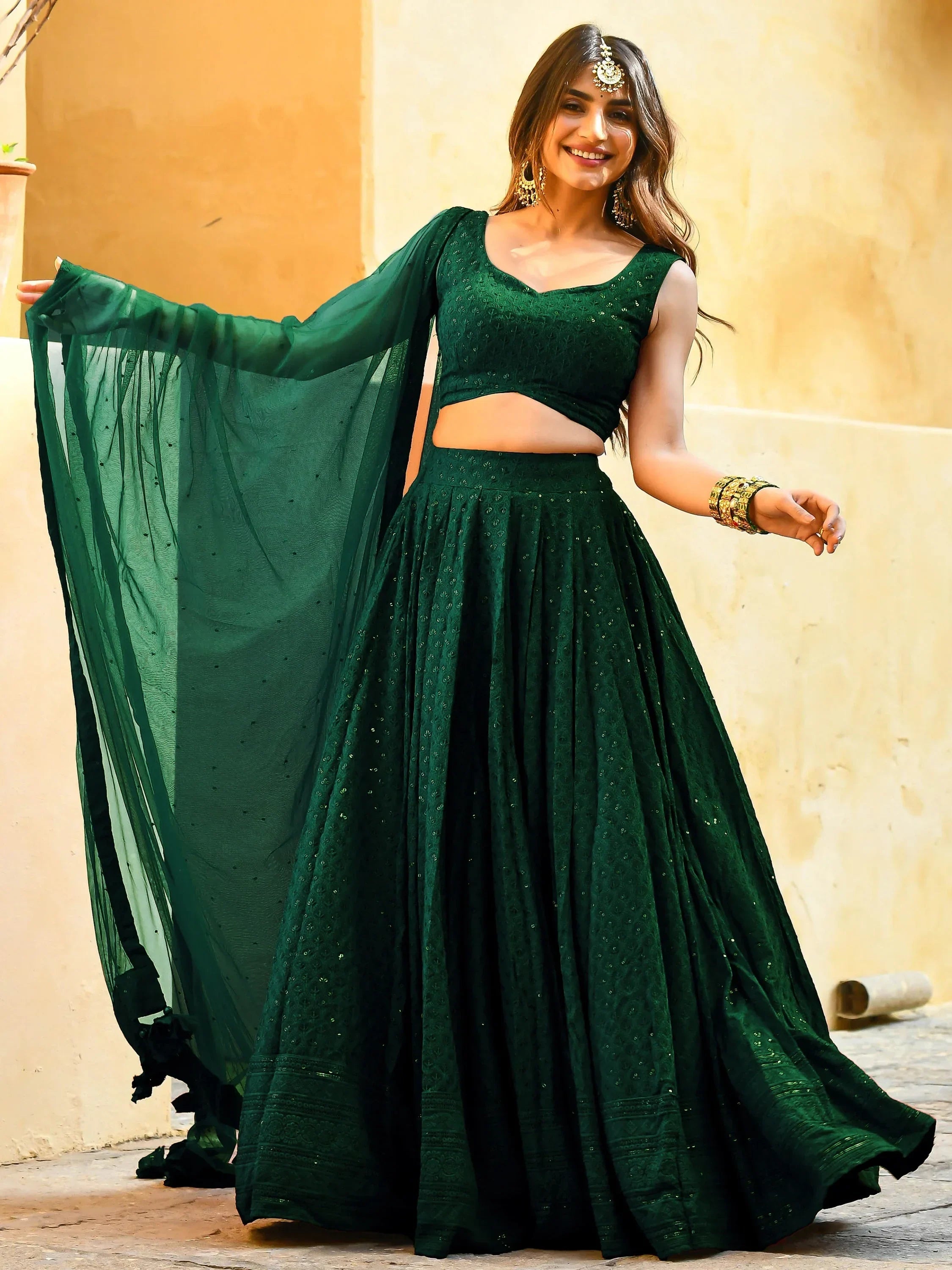 Green Sweet Sequins Georgette Reception Wear Lehenga Choli