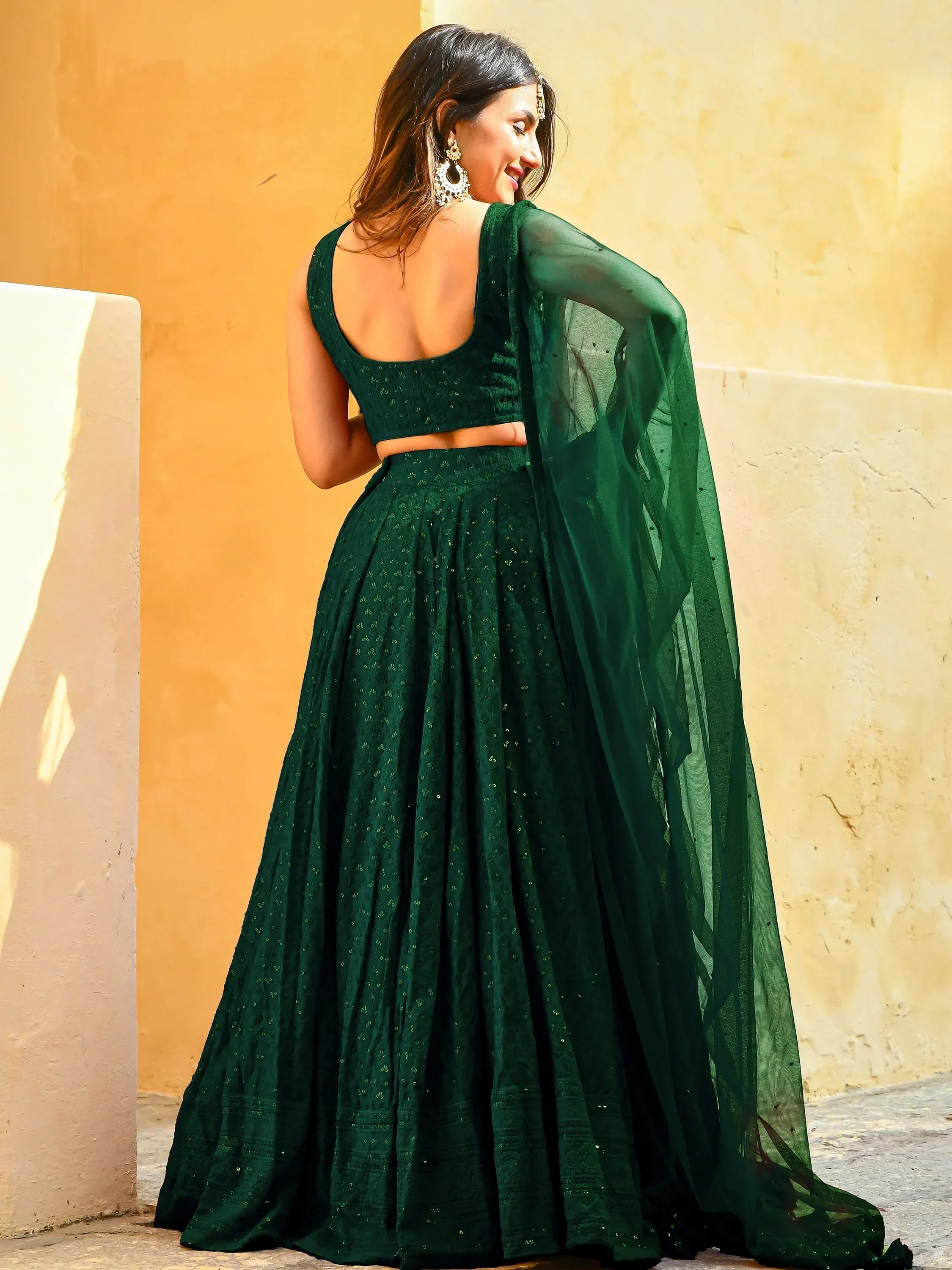 Green Sweet Sequins Georgette Reception Wear Lehenga Choli