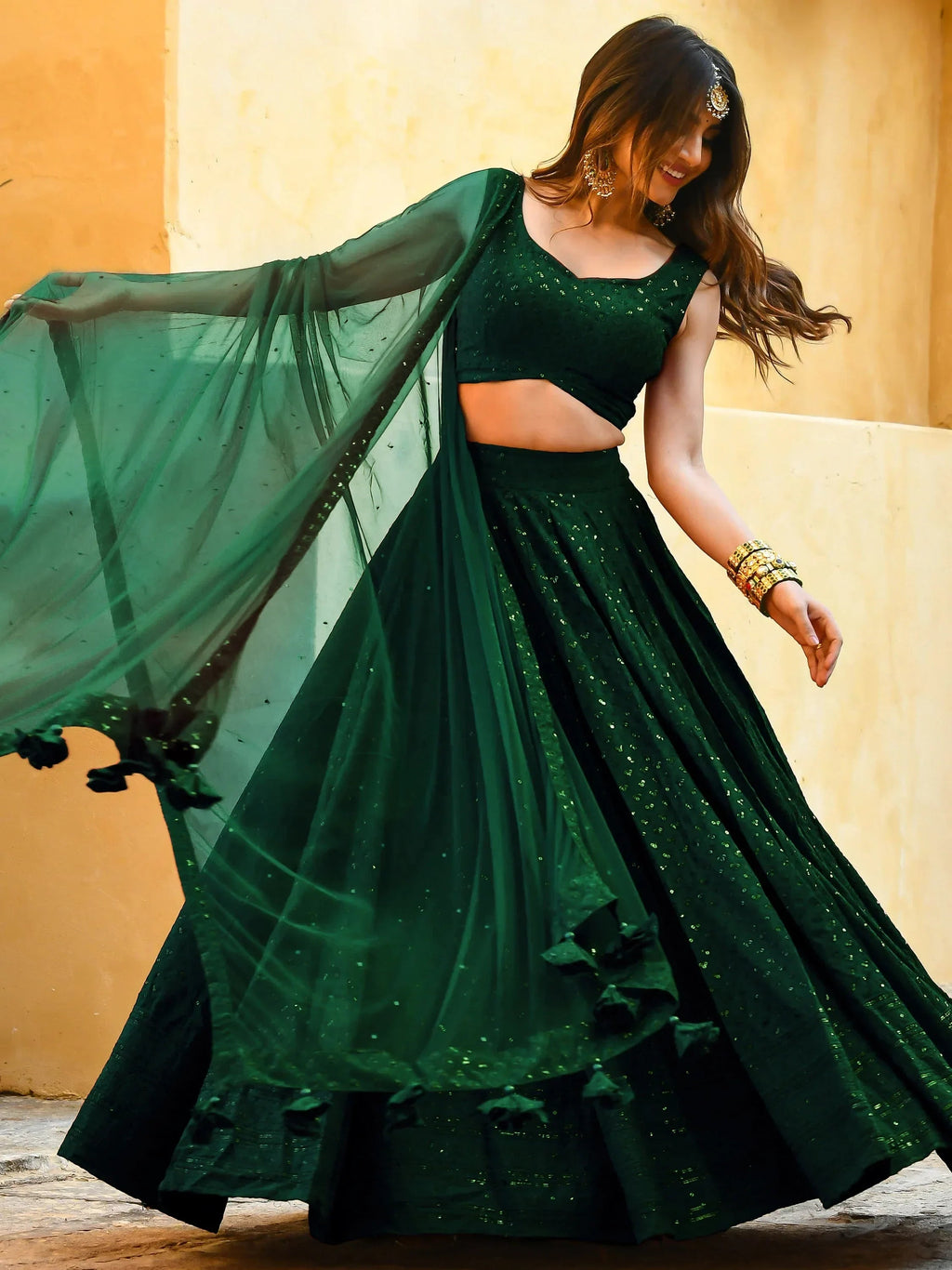 Green Sweet Sequins Georgette Reception Wear Lehenga Choli