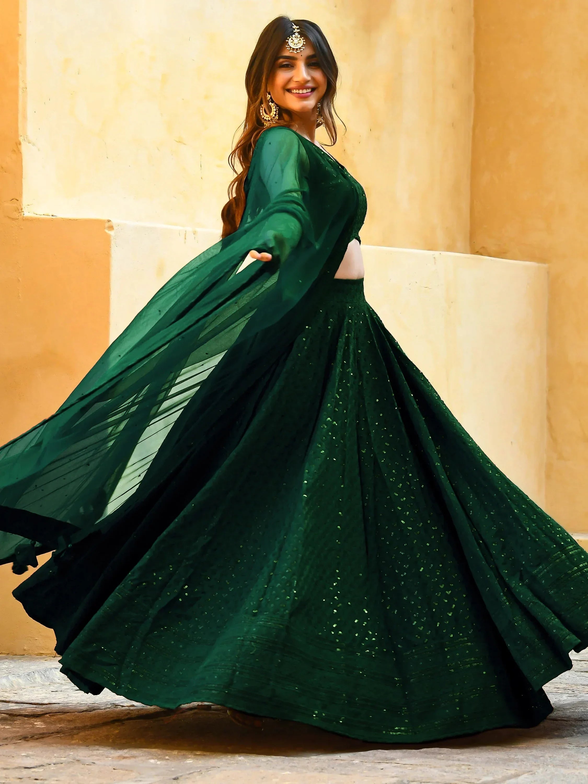 Green Sweet Sequins Georgette Reception Wear Lehenga Choli