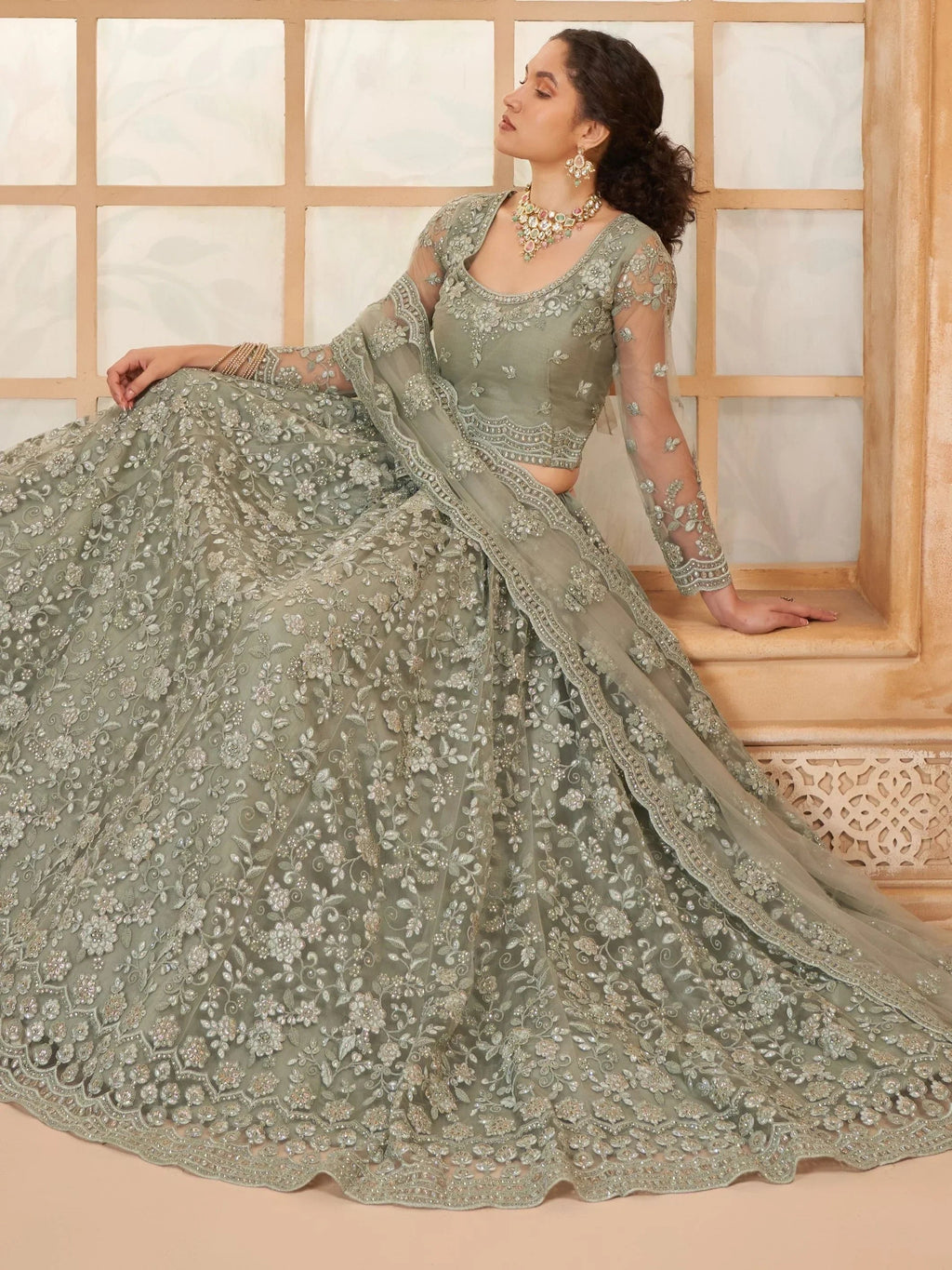 Incredible Grey Embroidered Net Lehenga Choli With Dupatta