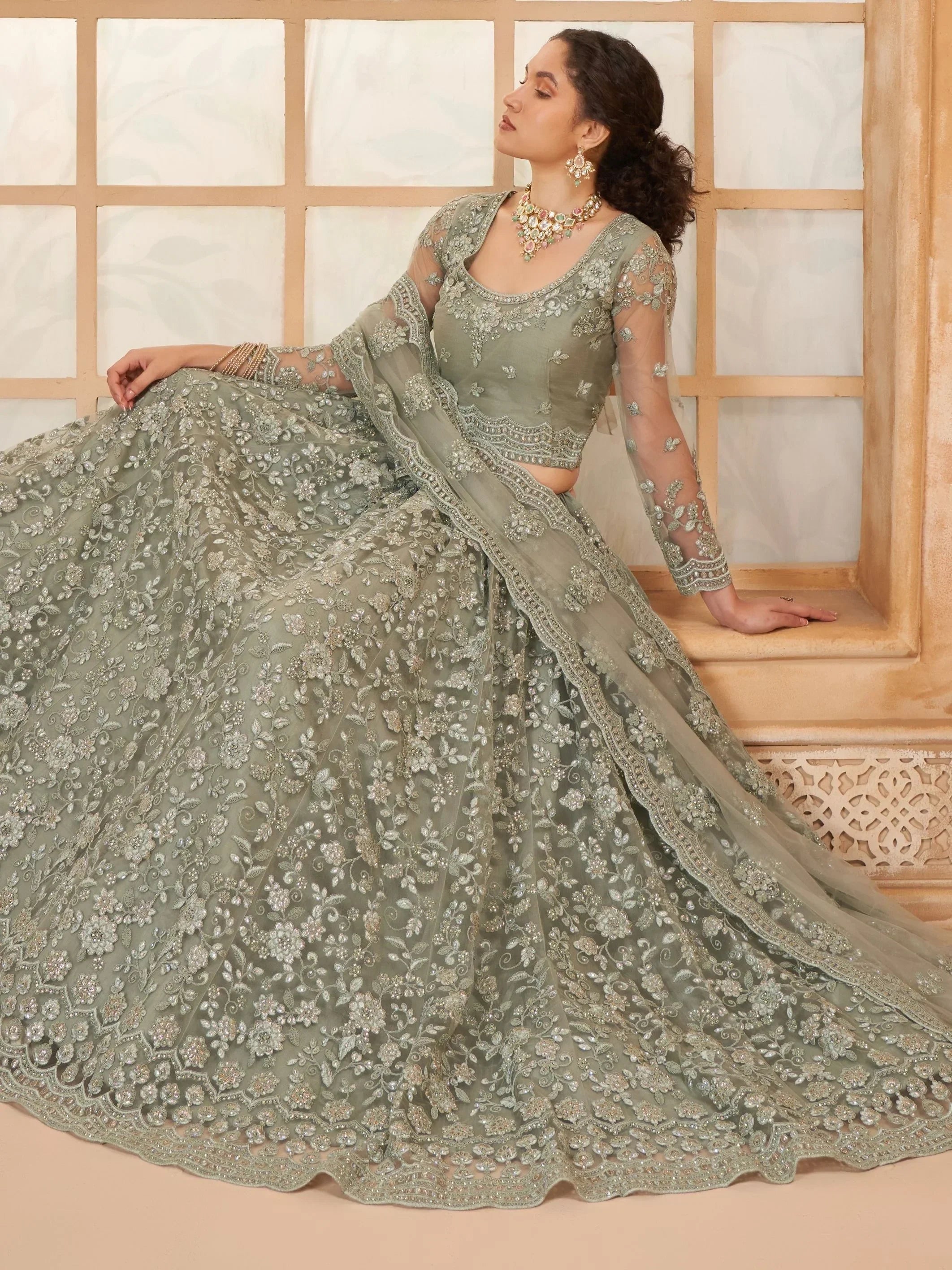 Incredible Grey Embroidered Net Lehenga Choli With Dupatta