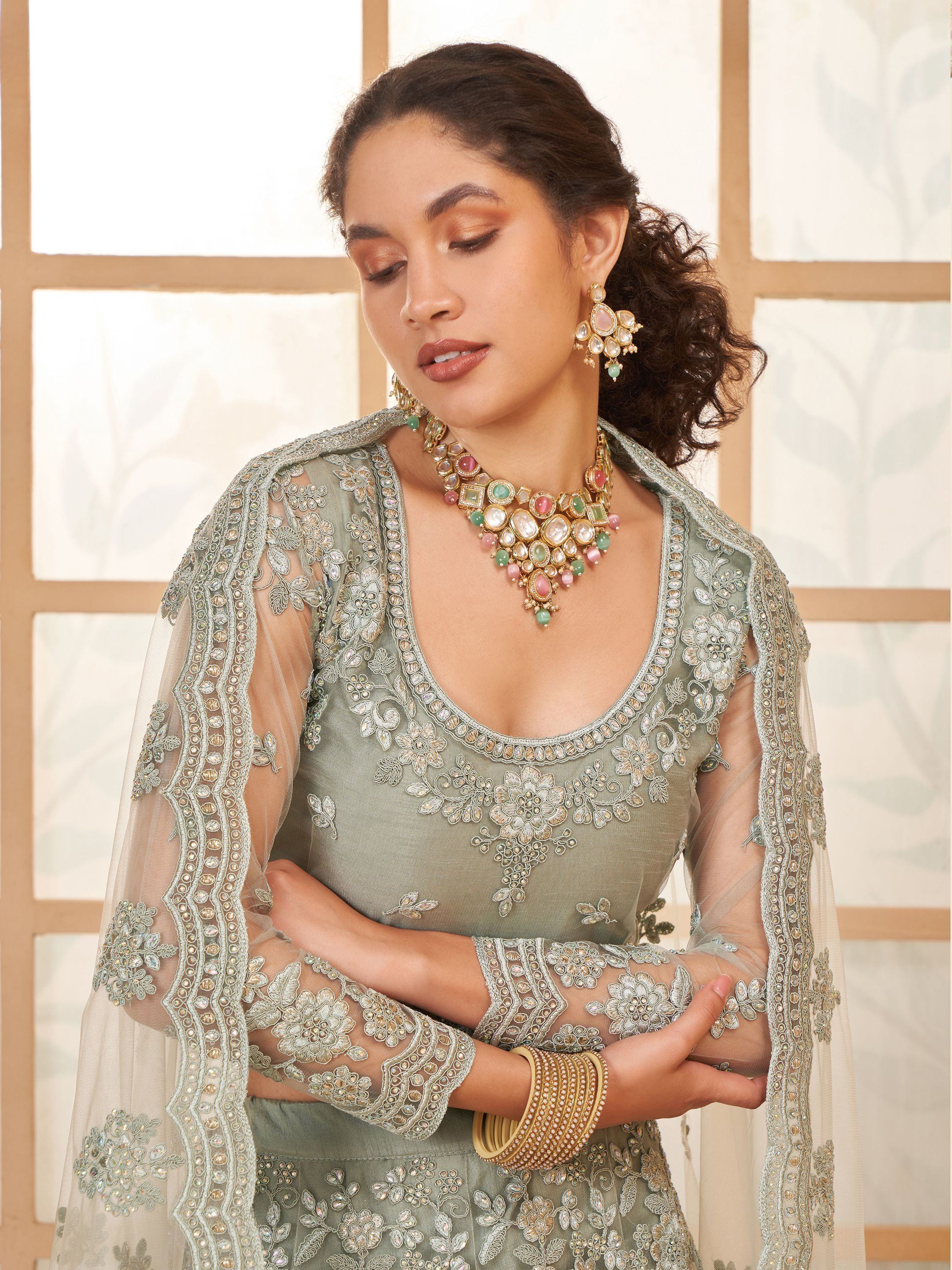 Incredible Grey Embroidered Net Lehenga Choli With Dupatta