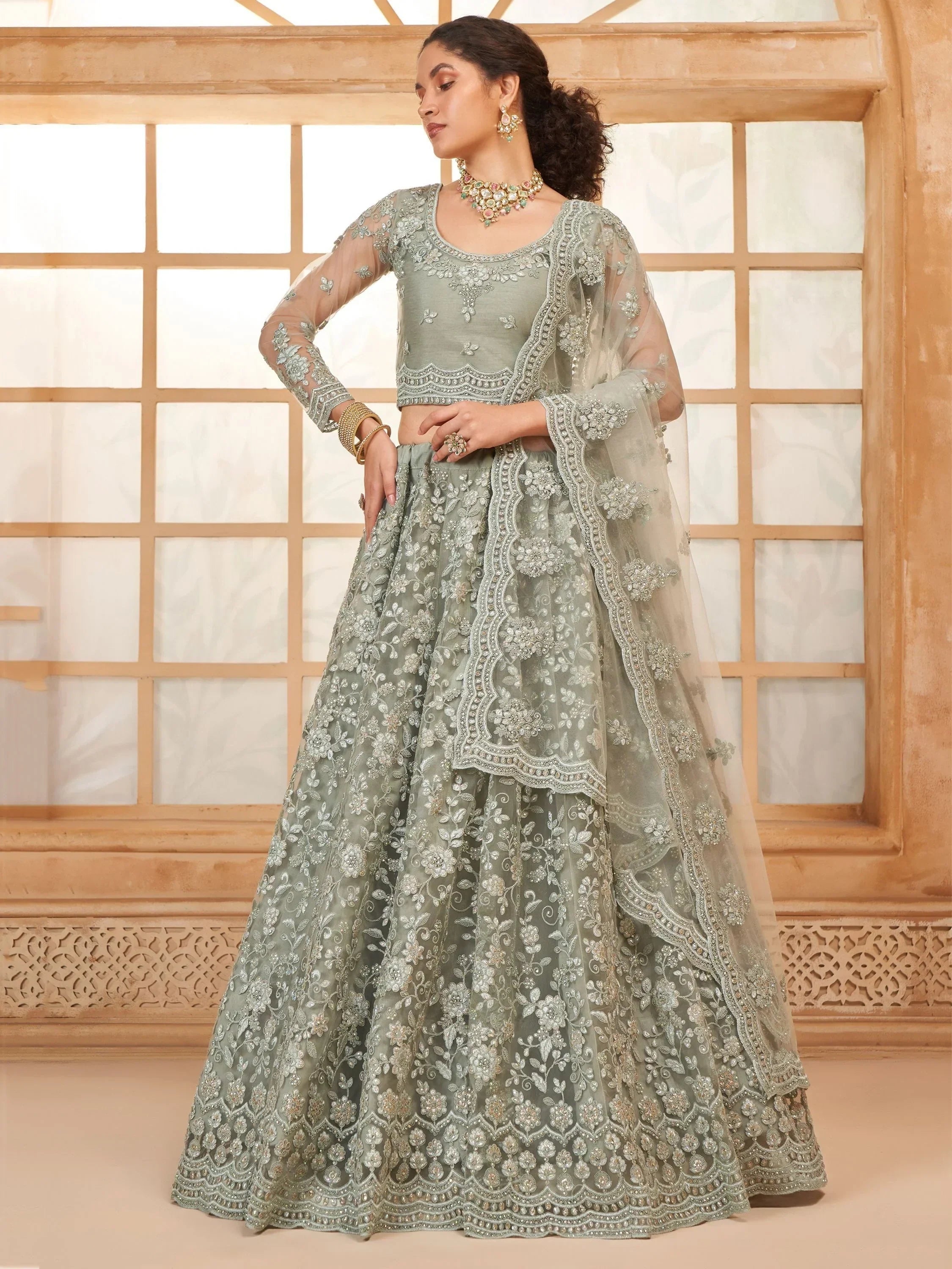 Incredible Grey Embroidered Net Lehenga Choli With Dupatta