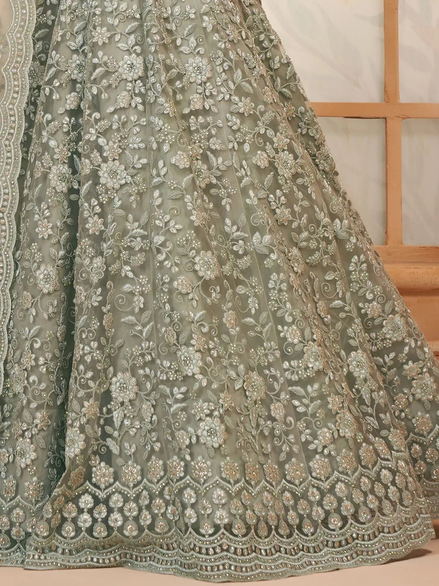 Incredible Grey Embroidered Net Lehenga Choli With Dupatta