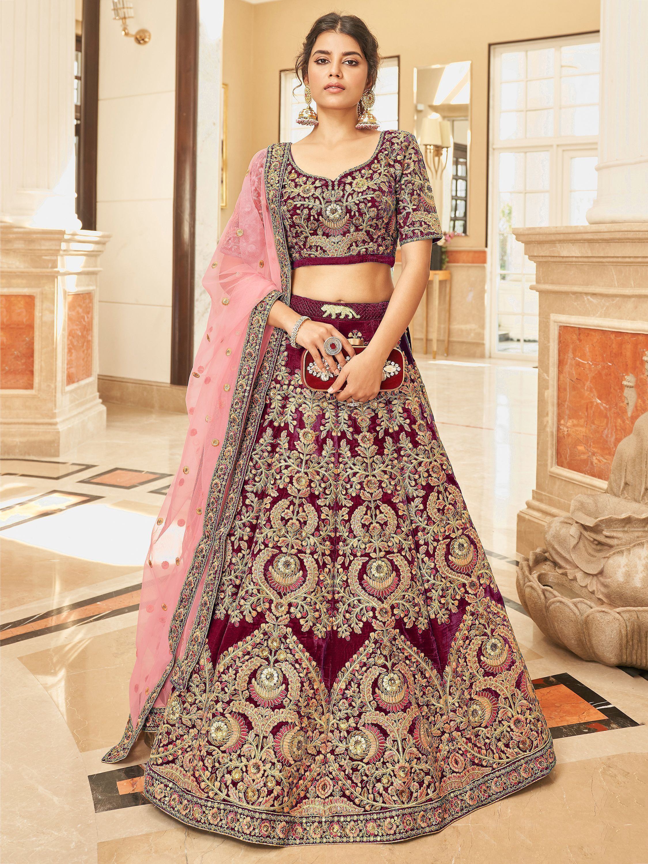 Maroon Attractive Heavy Embroidery Velvet Wedding Wear Lehenga Choli