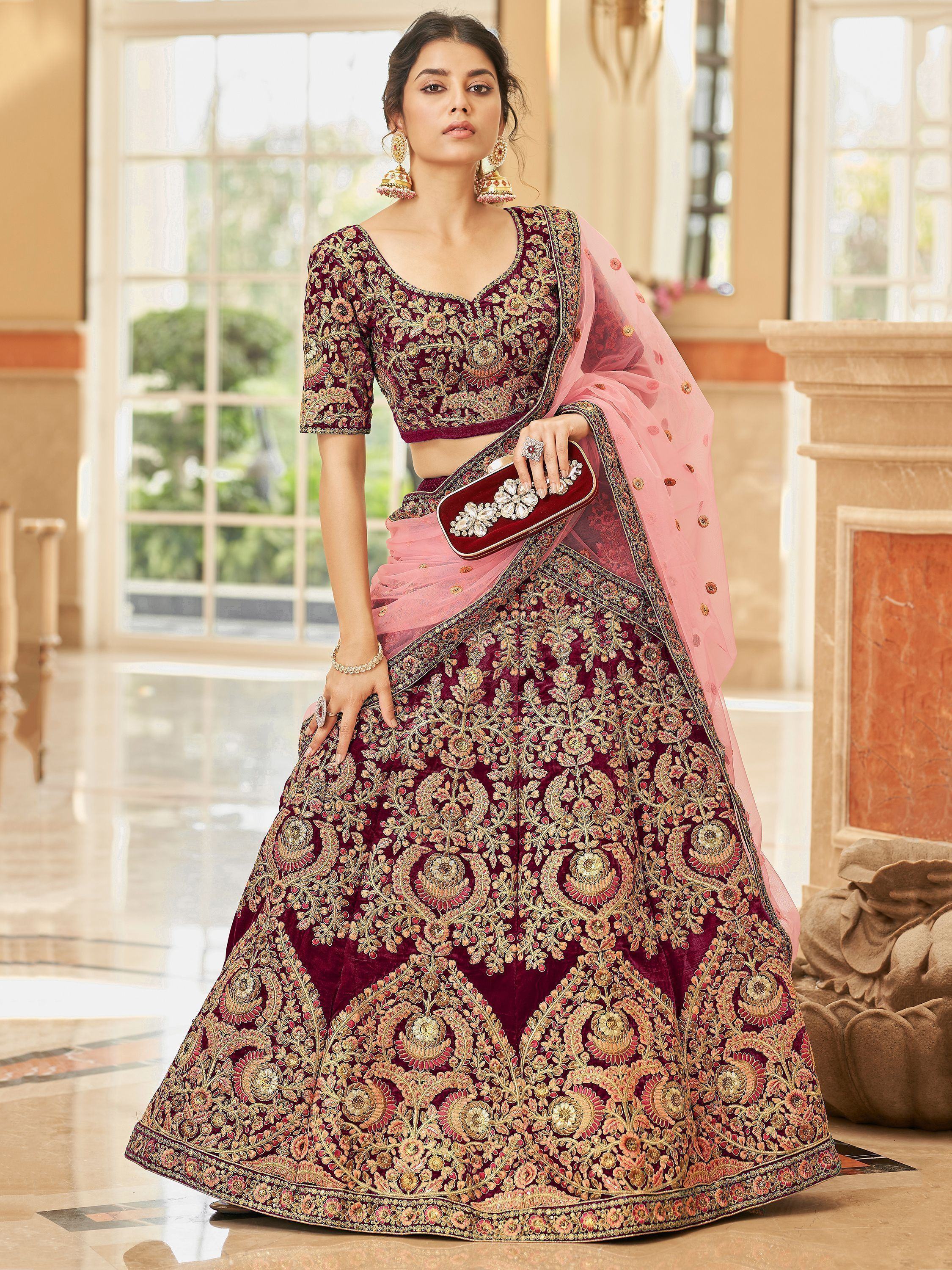 Maroon Attractive Heavy Embroidery Velvet Wedding Wear Lehenga Choli