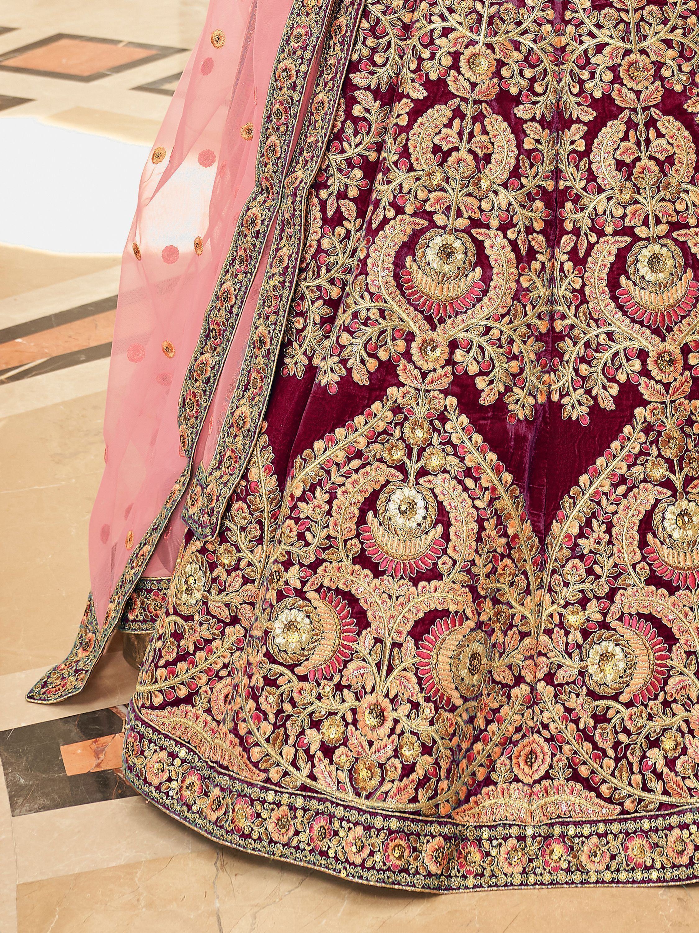 Maroon Attractive Heavy Embroidery Velvet Wedding Wear Lehenga Choli