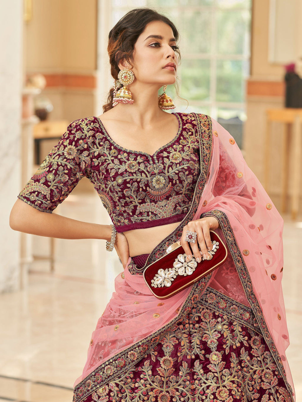 Maroon Attractive Heavy Embroidery Velvet Wedding Wear Lehenga Choli