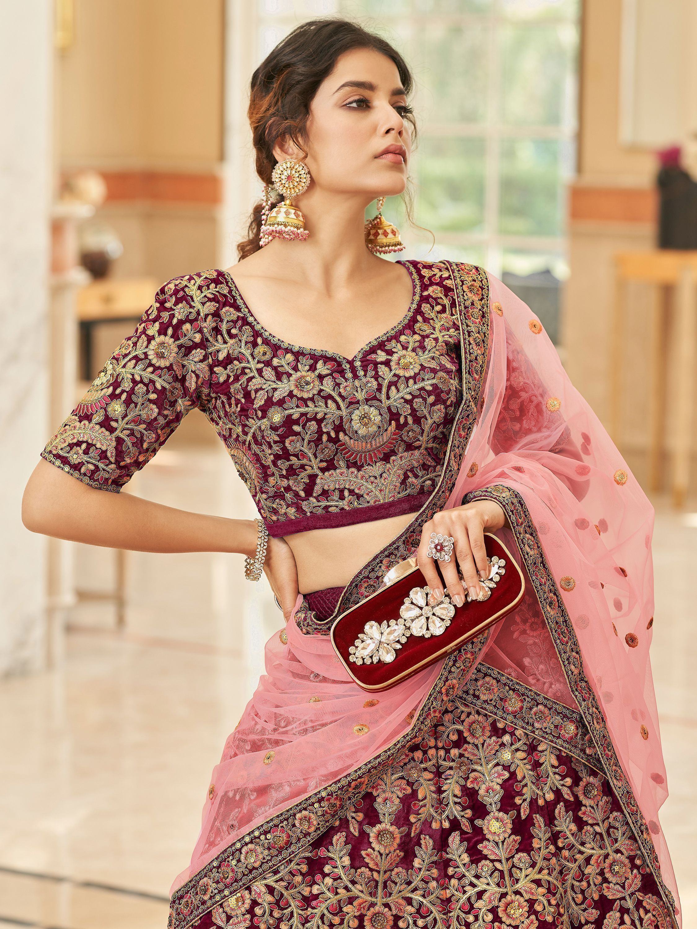 Maroon Attractive Heavy Embroidery Velvet Wedding Wear Lehenga Choli