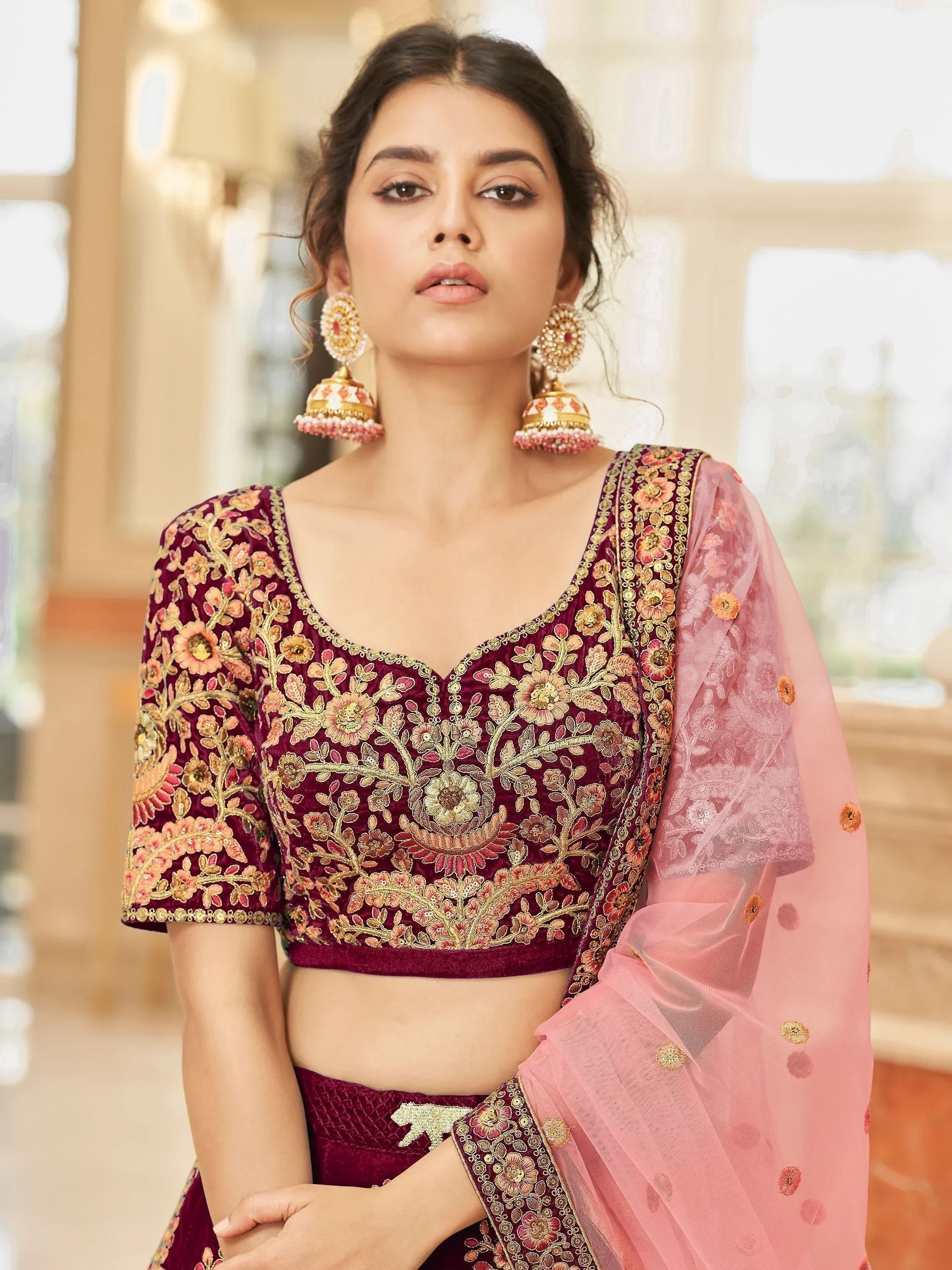 Maroon Attractive Heavy Embroidery Velvet Wedding Wear Lehenga Choli