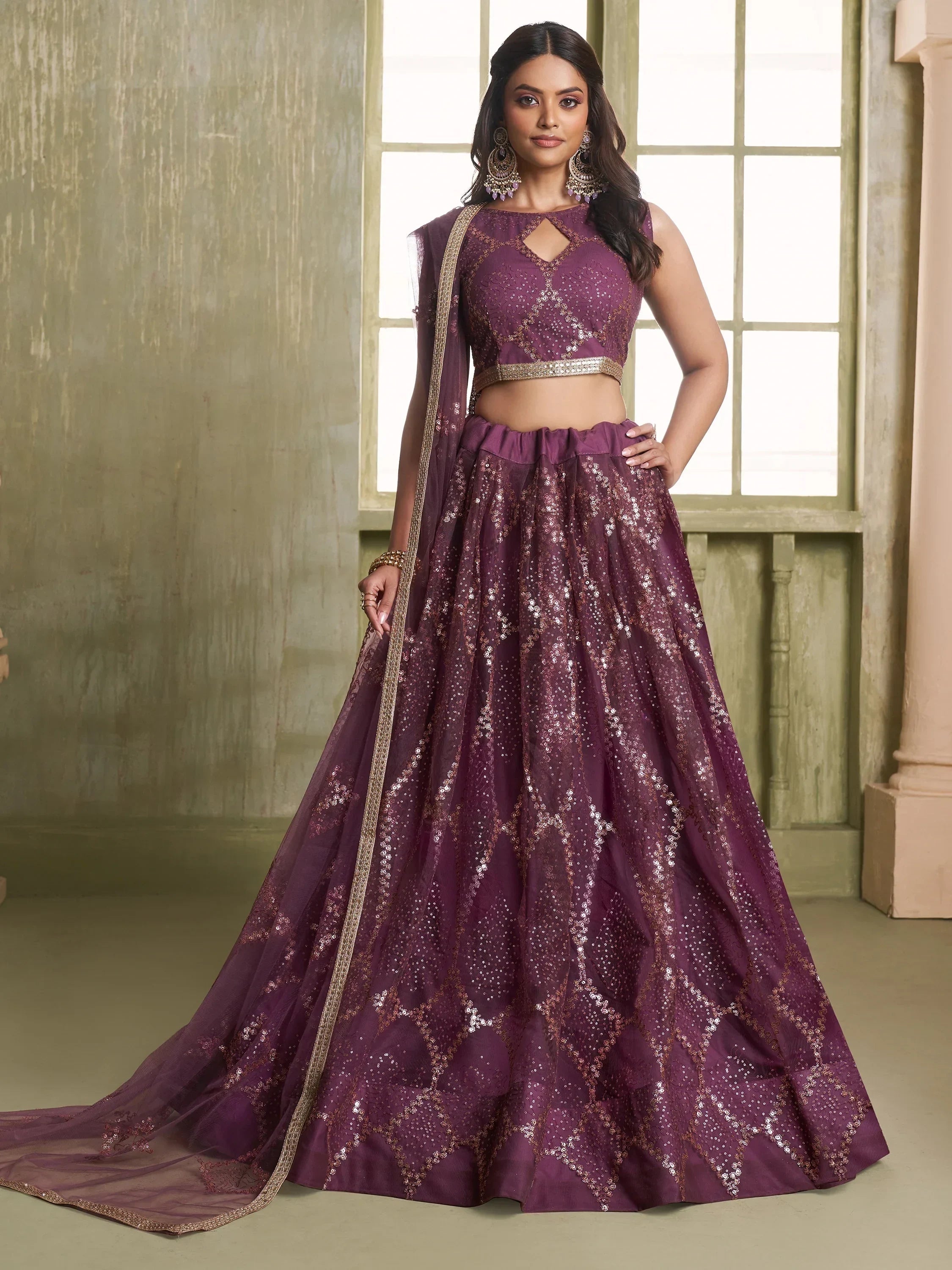 Incredible Wine Sequins Net Designer Lehenga Choli With Dupatta