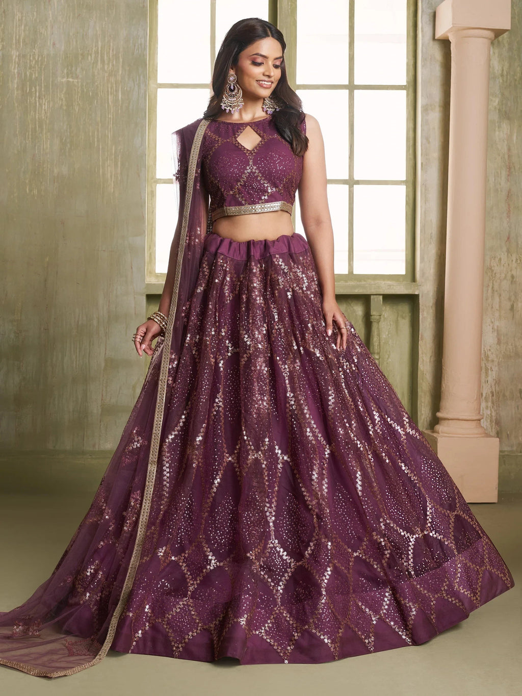 Incredible Wine Sequins Net Designer Lehenga Choli With Dupatta