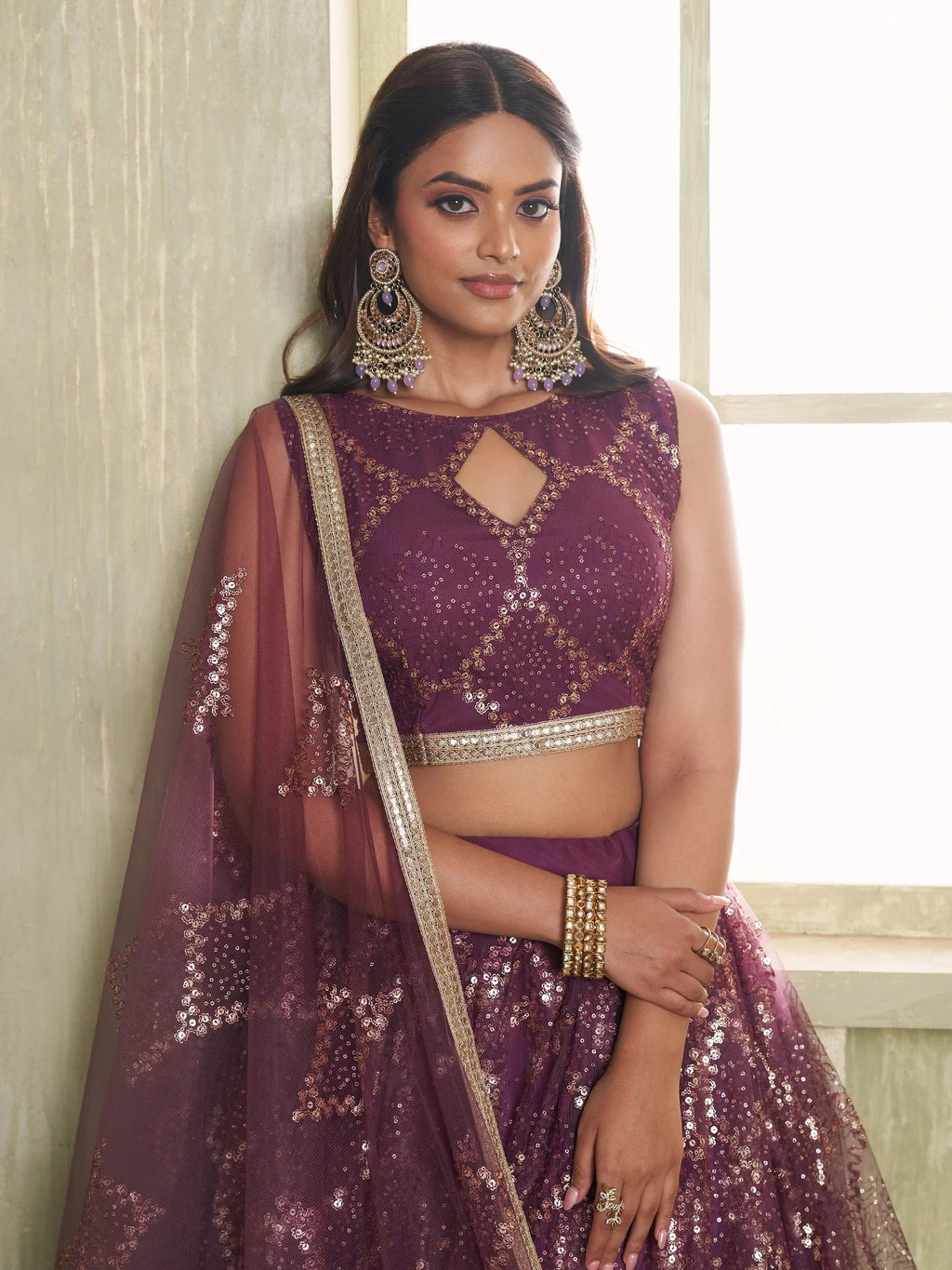 Incredible Wine Sequins Net Designer Lehenga Choli With Dupatta