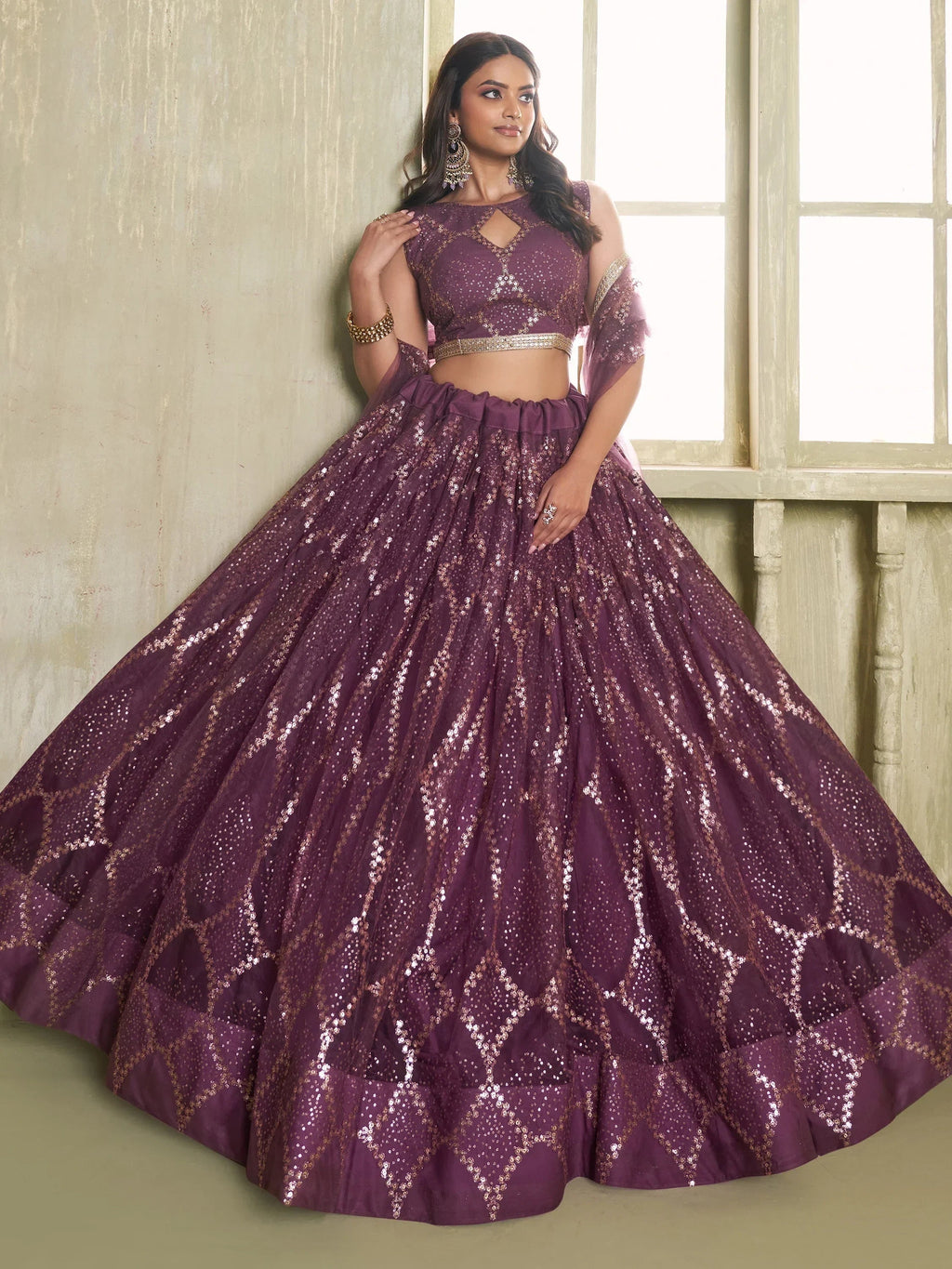 Incredible Wine Sequins Net Designer Lehenga Choli With Dupatta