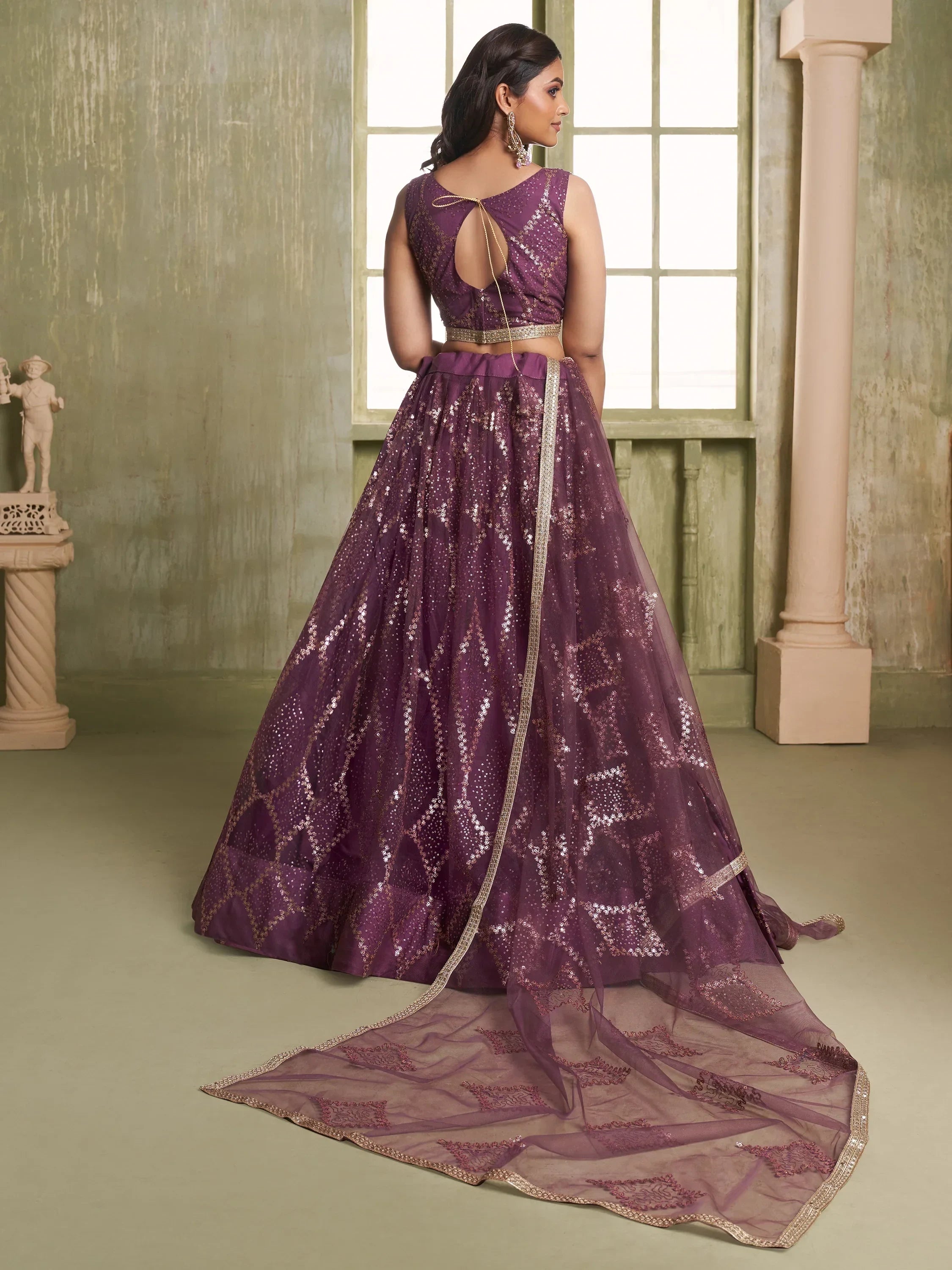 Incredible Wine Sequins Net Designer Lehenga Choli With Dupatta
