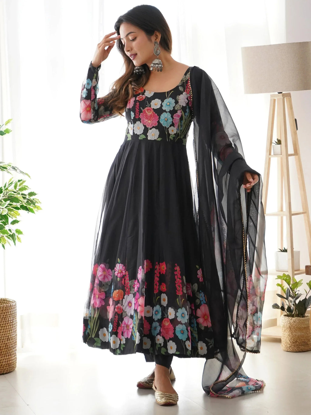 Black Incredible Floral Printed Organza Festival Wear Anarkali Suit