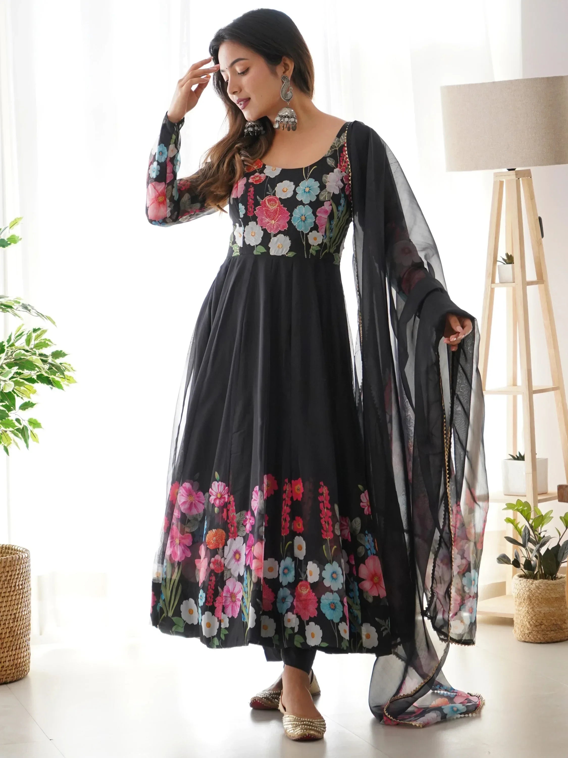 Black Incredible Floral Printed Organza Festival Wear Anarkali Suit
