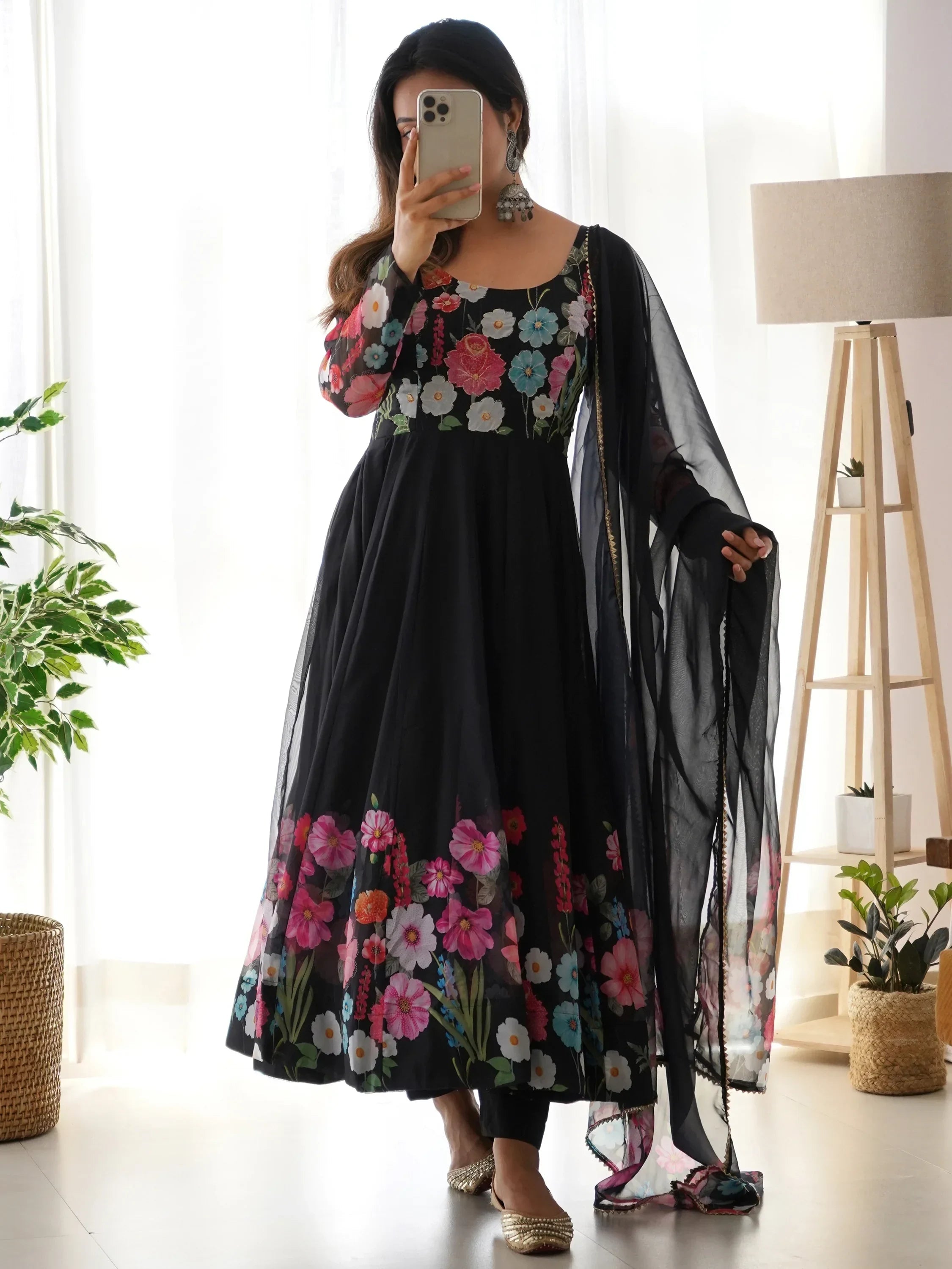 Black Incredible Floral Printed Organza Festival Wear Anarkali Suit
