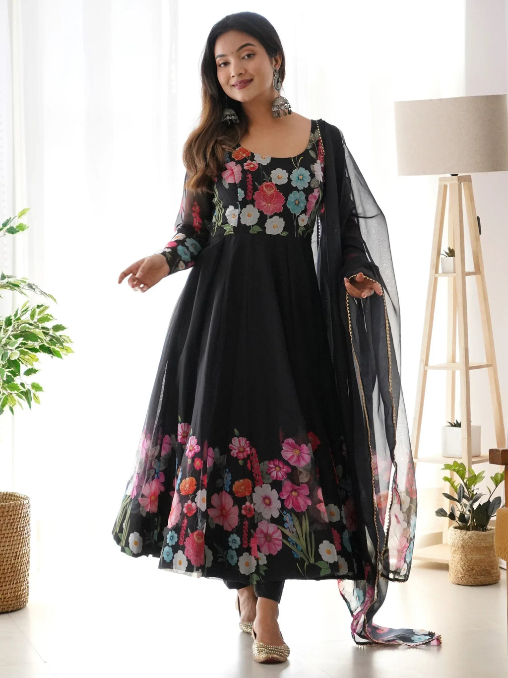 Black Incredible Floral Printed Organza Festival Wear Anarkali Suit