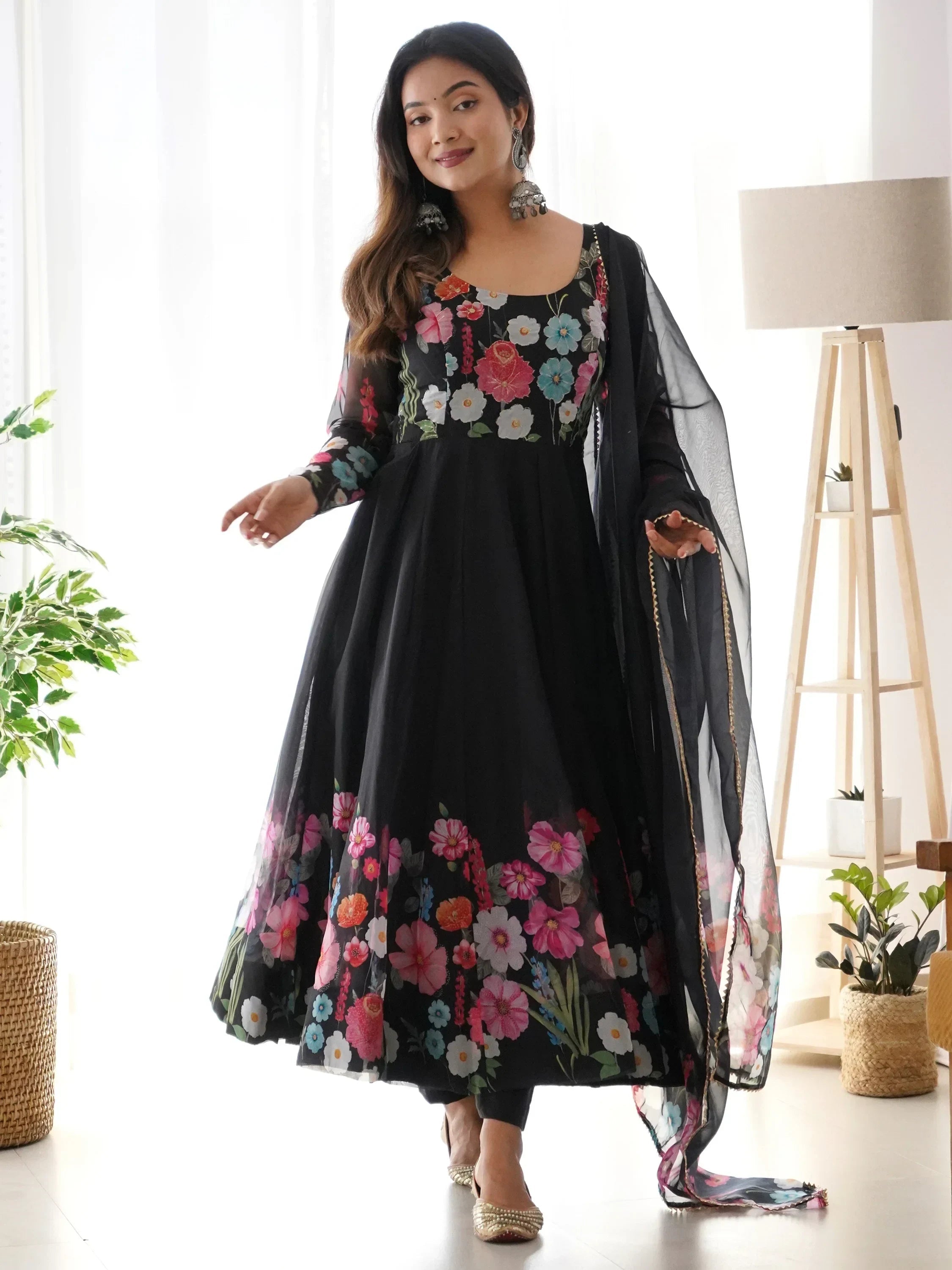 Black Incredible Floral Printed Organza Festival Wear Anarkali Suit