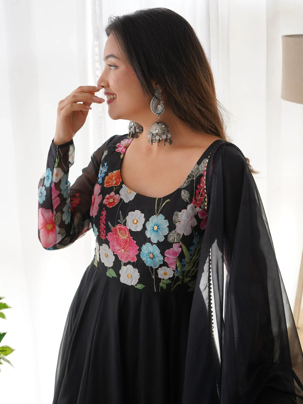 Black Incredible Floral Printed Organza Festival Wear Anarkali Suit