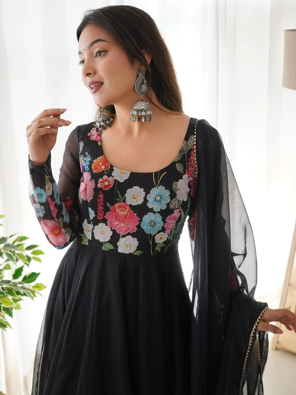 Black Incredible Floral Printed Organza Festival Wear Anarkali Suit