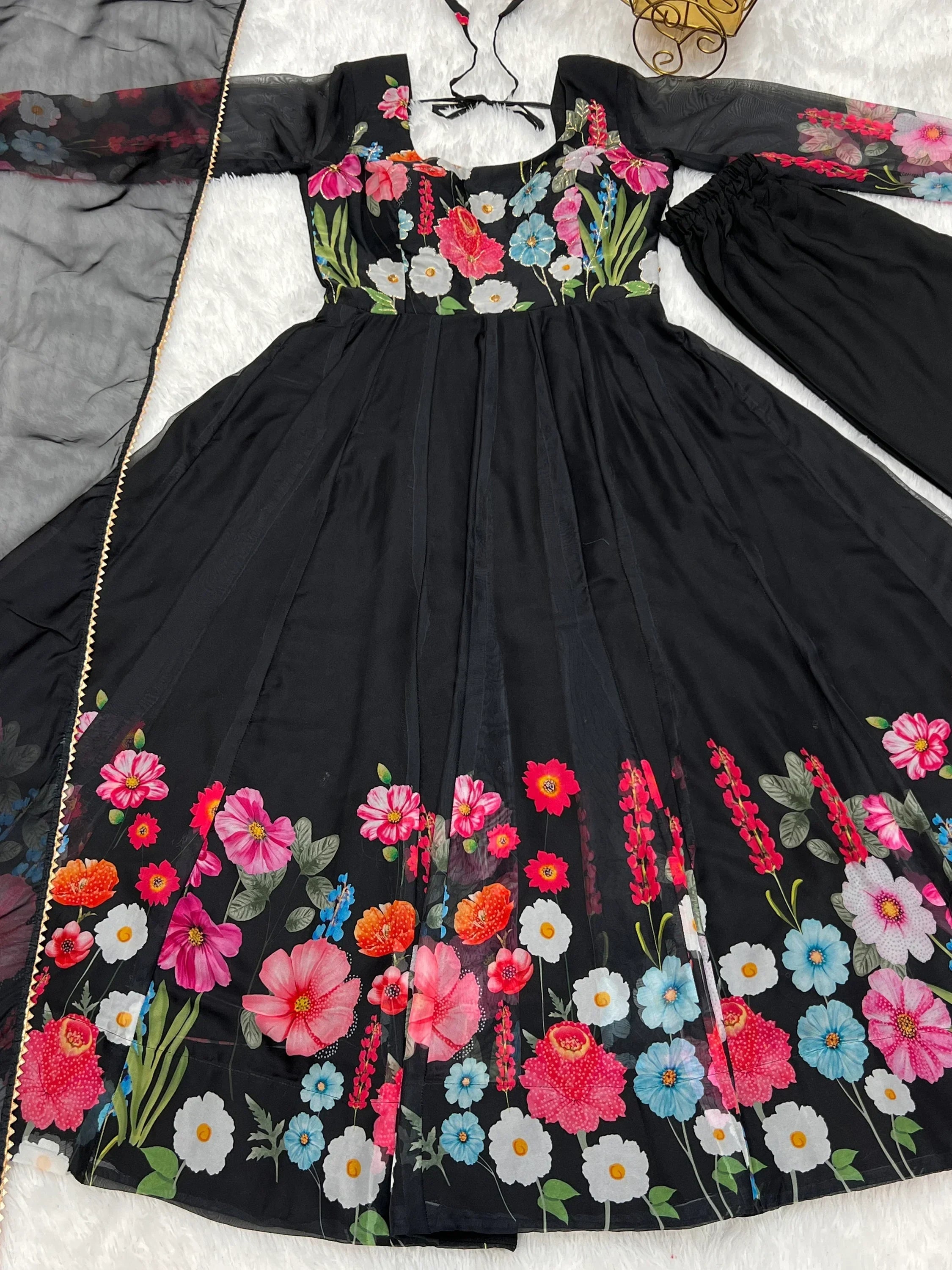Black Incredible Floral Printed Organza Festival Wear Anarkali Suit