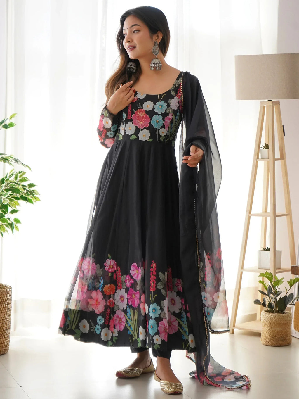 Black Incredible Floral Printed Organza Festival Wear Anarkali Suit