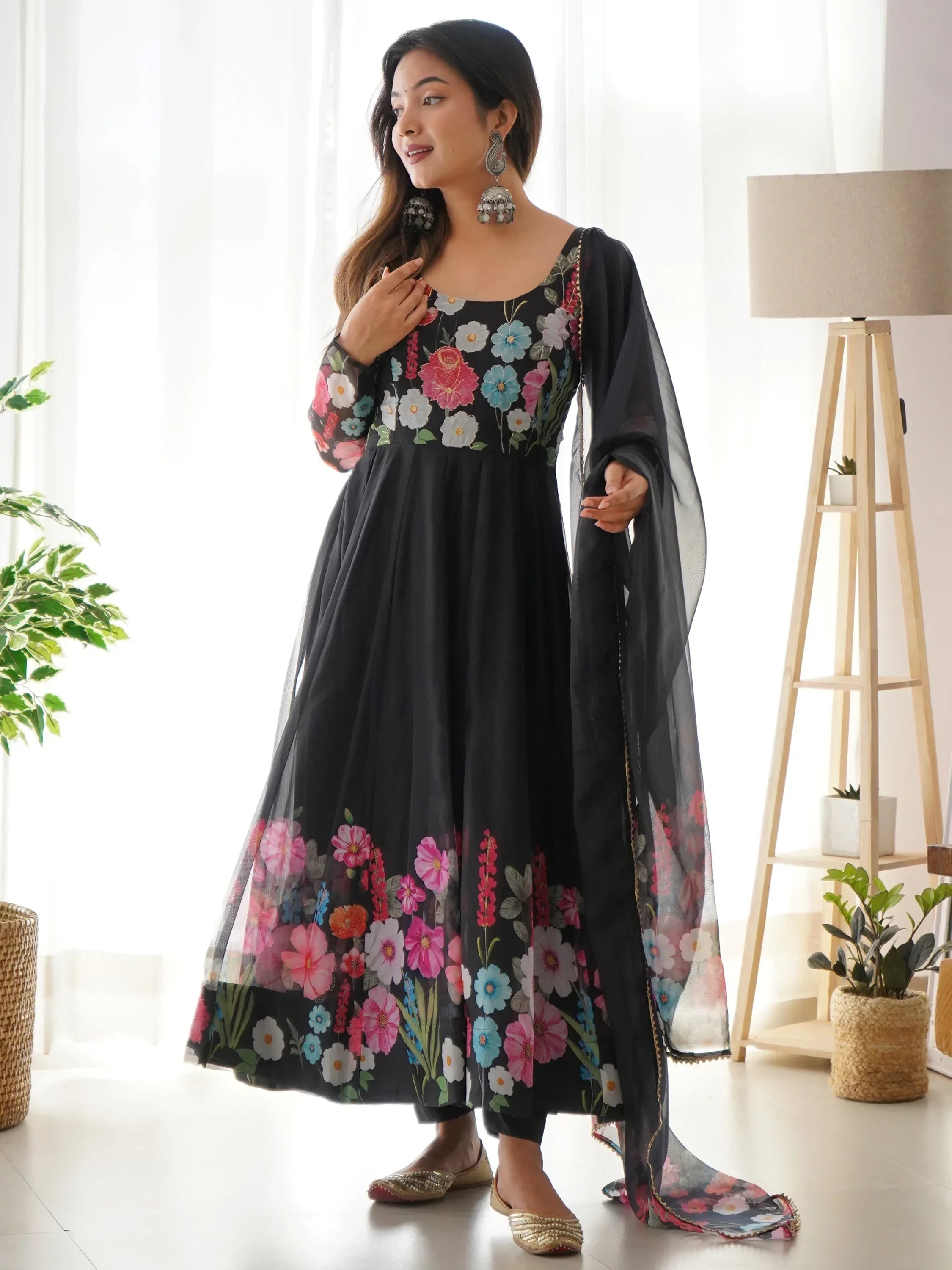 Black Incredible Floral Printed Organza Festival Wear Anarkali Suit