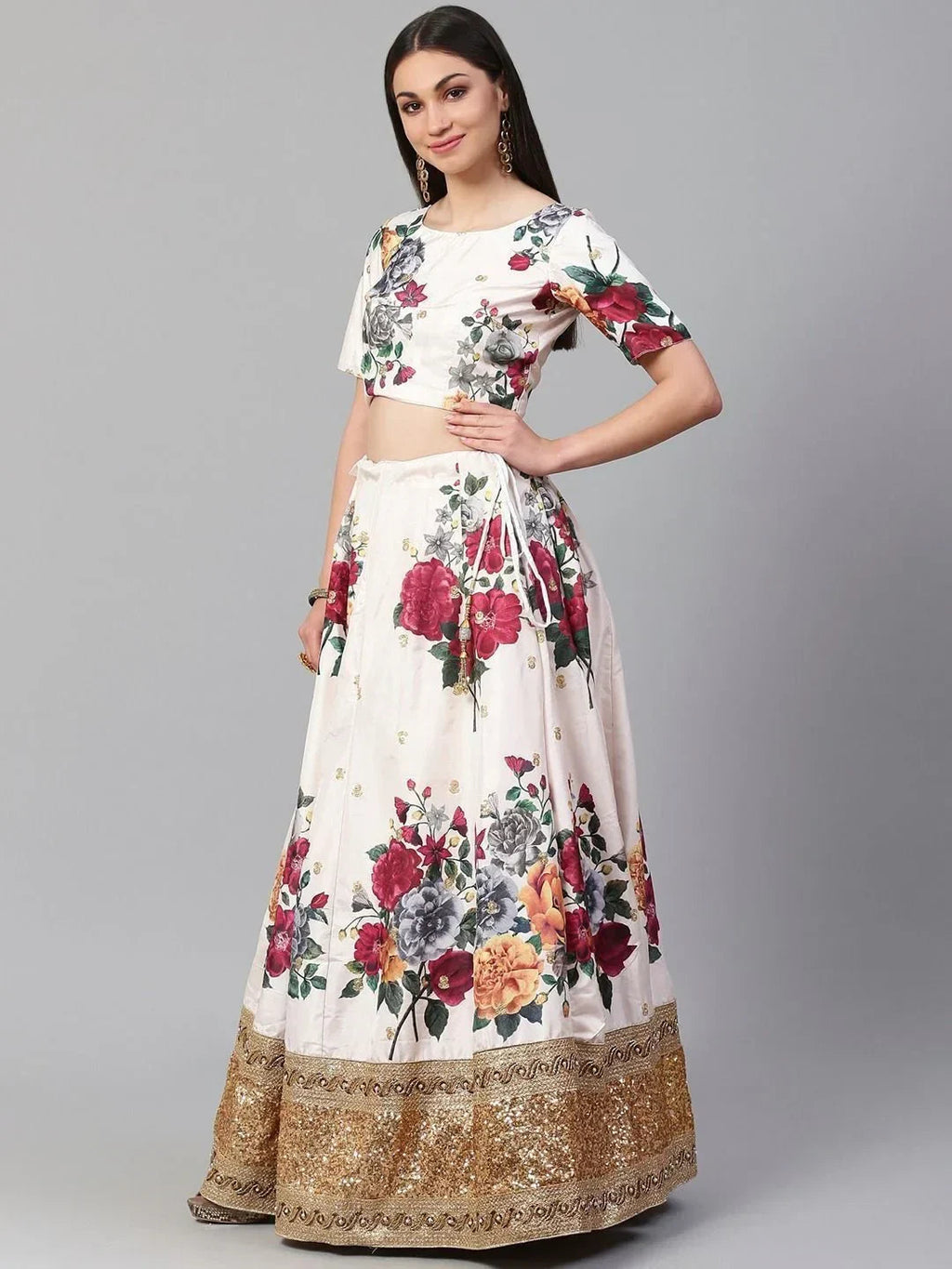 Off White & Printed Semi-Stitched Myntra Lehenga & Unstitched Blouse with Dupatta