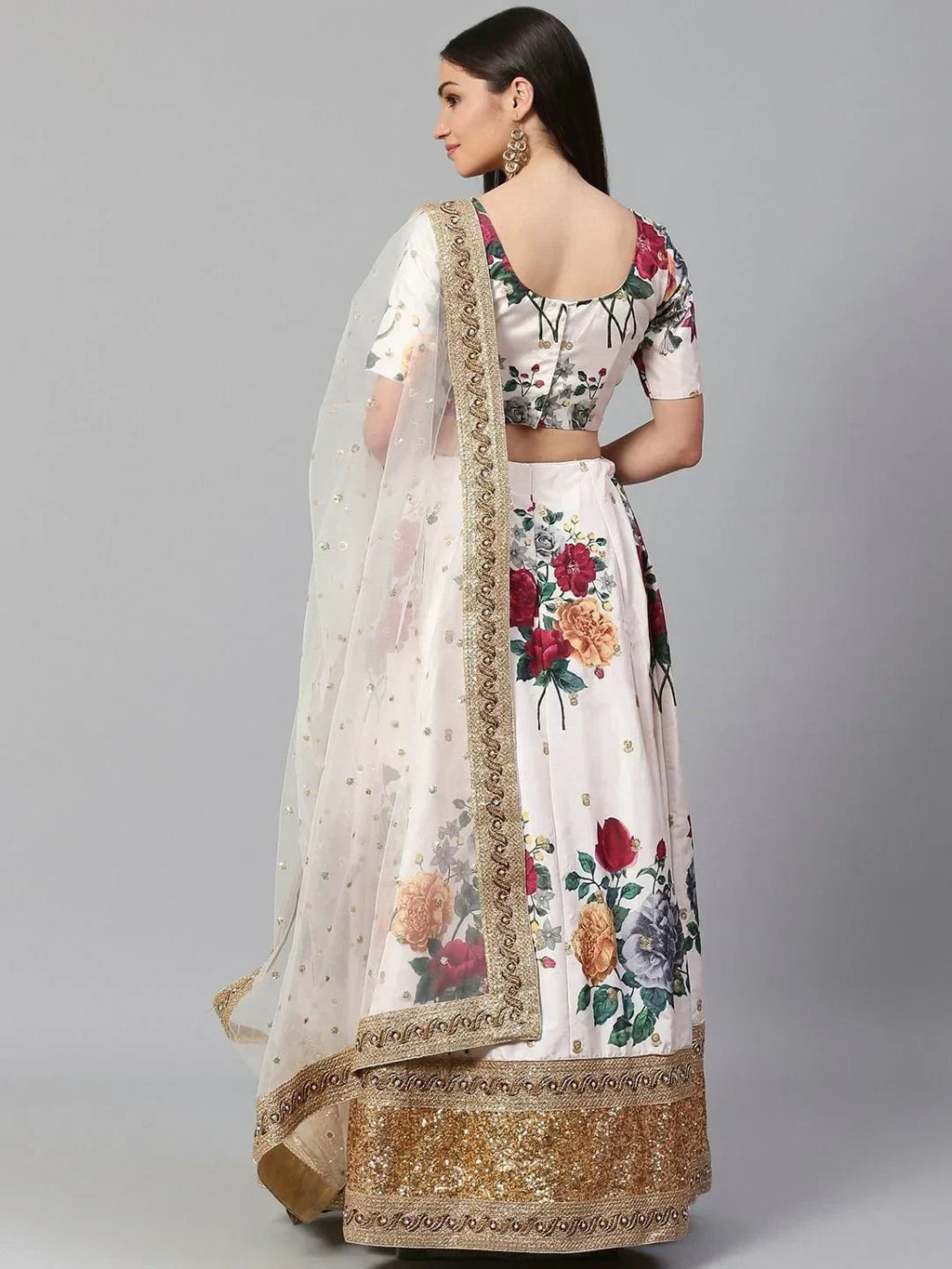 Off White & Printed Semi-Stitched Myntra Lehenga & Unstitched Blouse with Dupatta