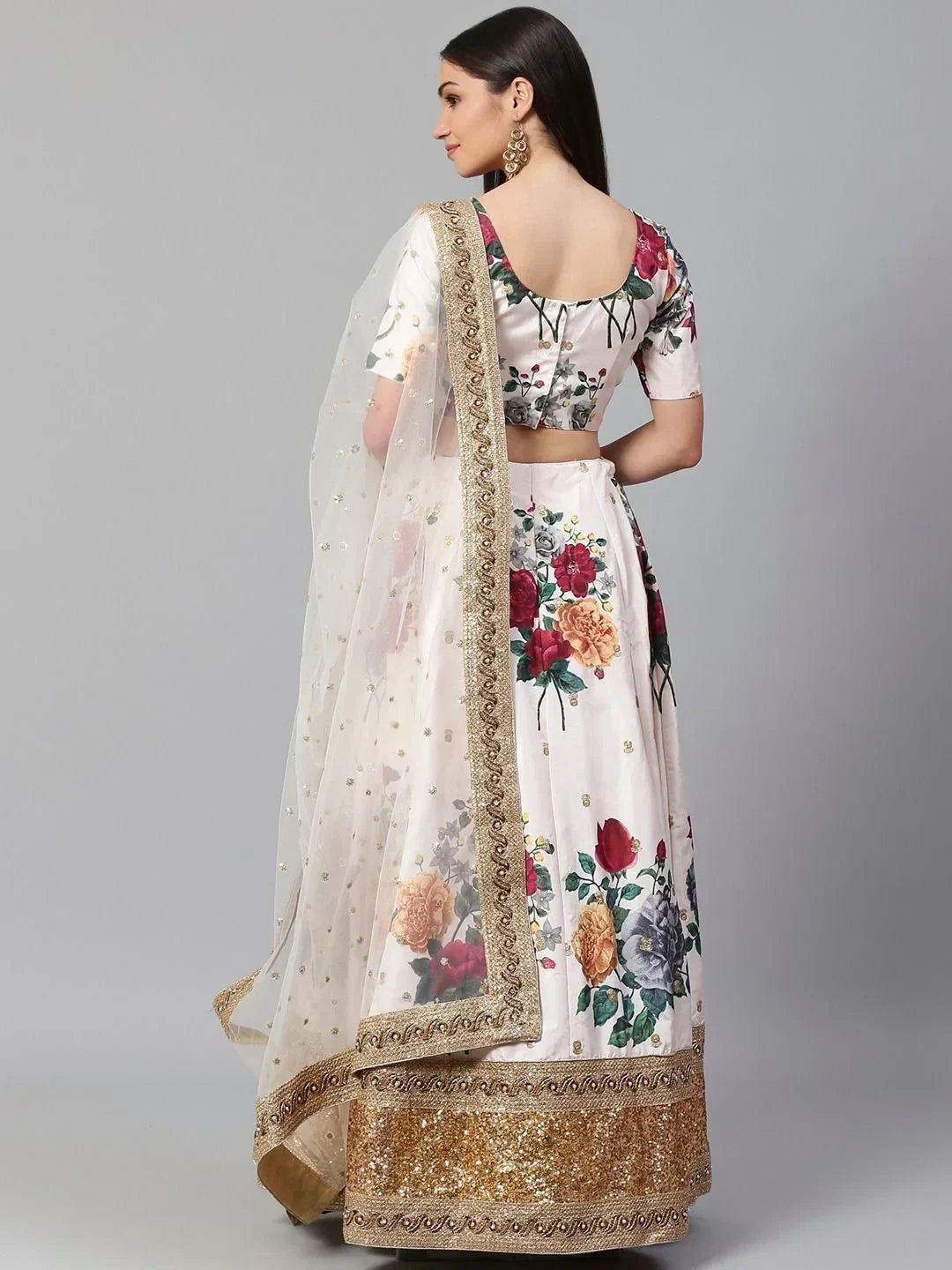 Off White & Printed Semi-Stitched Myntra Lehenga & Unstitched Blouse with Dupatta