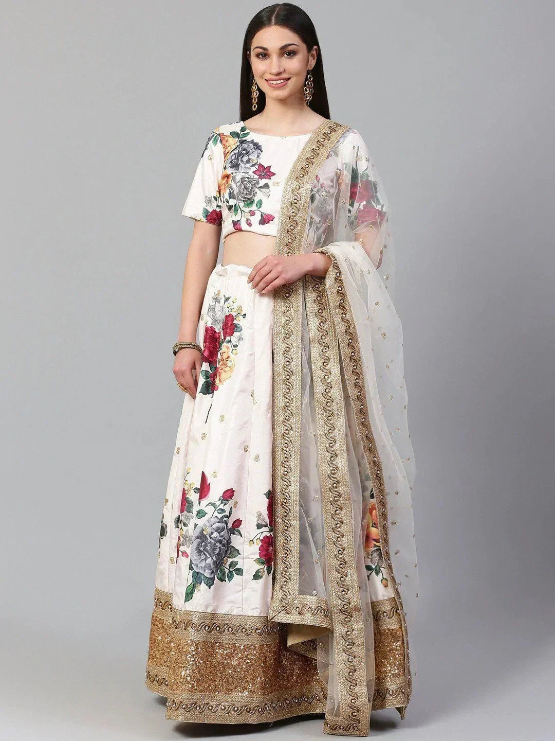 Off White & Printed Semi-Stitched Myntra Lehenga & Unstitched Blouse with Dupatta
