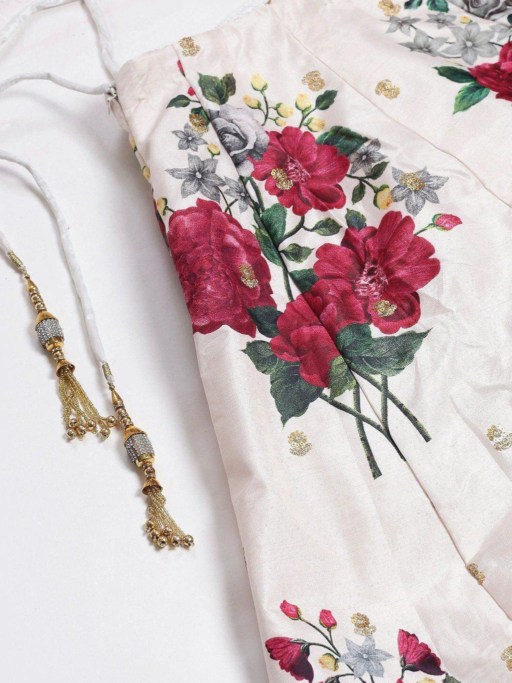 Off White & Printed Semi-Stitched Myntra Lehenga & Unstitched Blouse with Dupatta