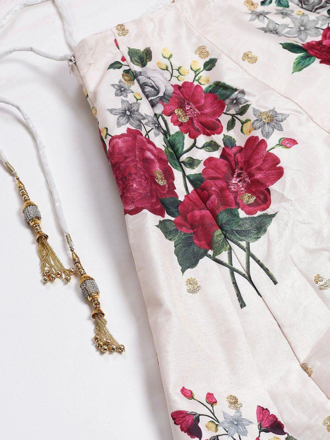 Off White & Printed Semi-Stitched Myntra Lehenga & Unstitched Blouse with Dupatta