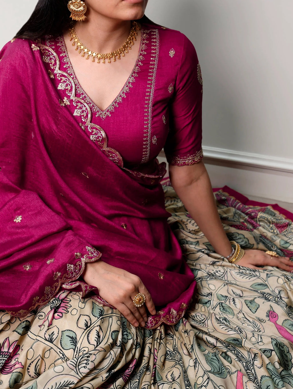 Cream Alluring Kalamkari Printed Silk Festive Wear Half Saree Lehenga