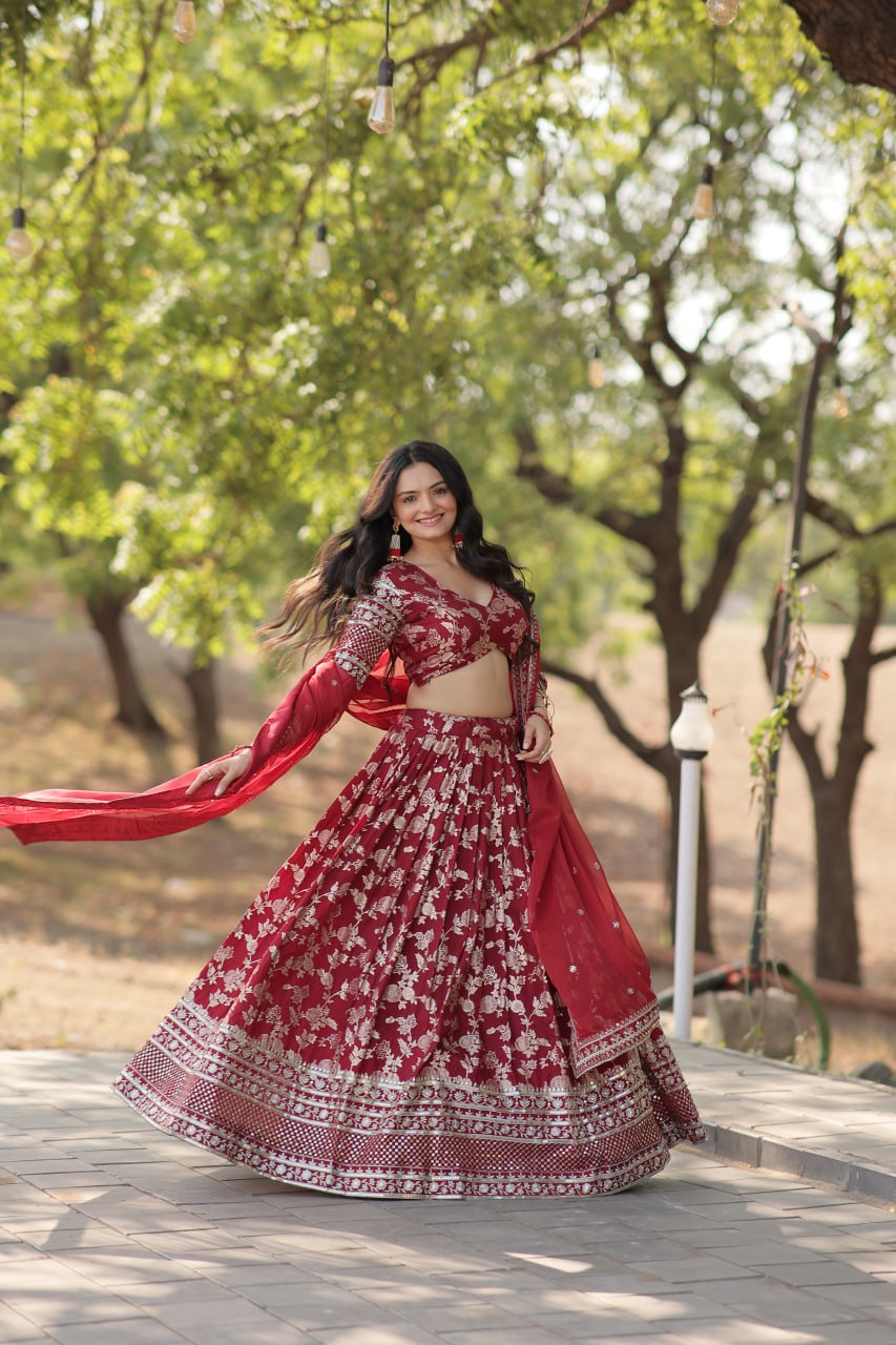 Jacquard Embroidered Sequins Lehenga Choli with Dupatta