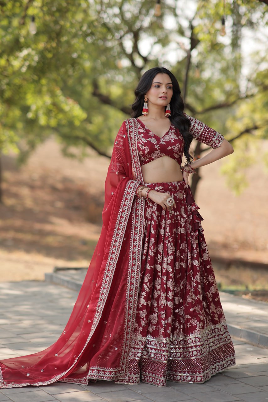 Jacquard Embroidered Sequins Lehenga Choli with Dupatta