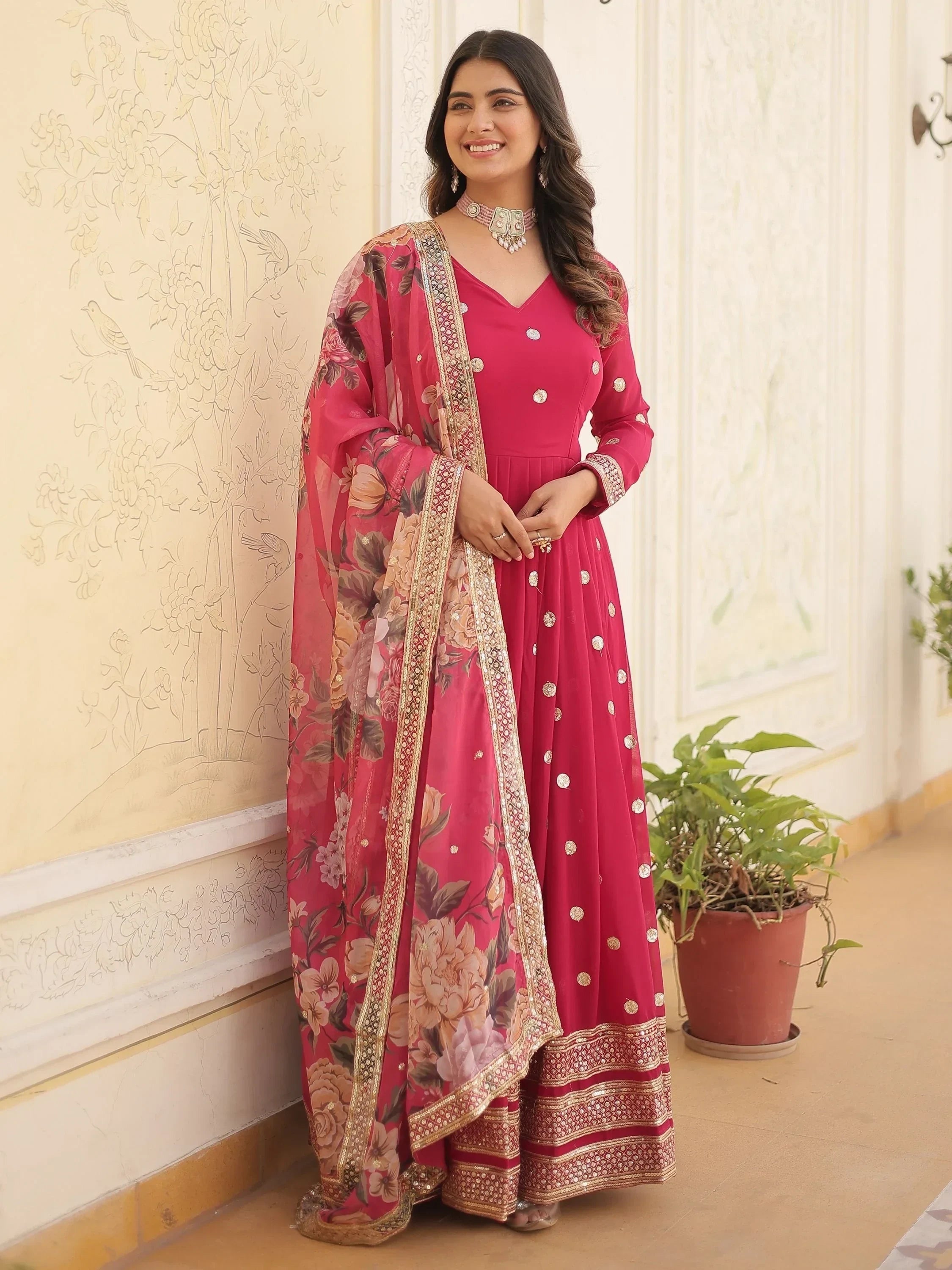Fascinating Rani Pink Embroidered Georgette Event Wear Gown