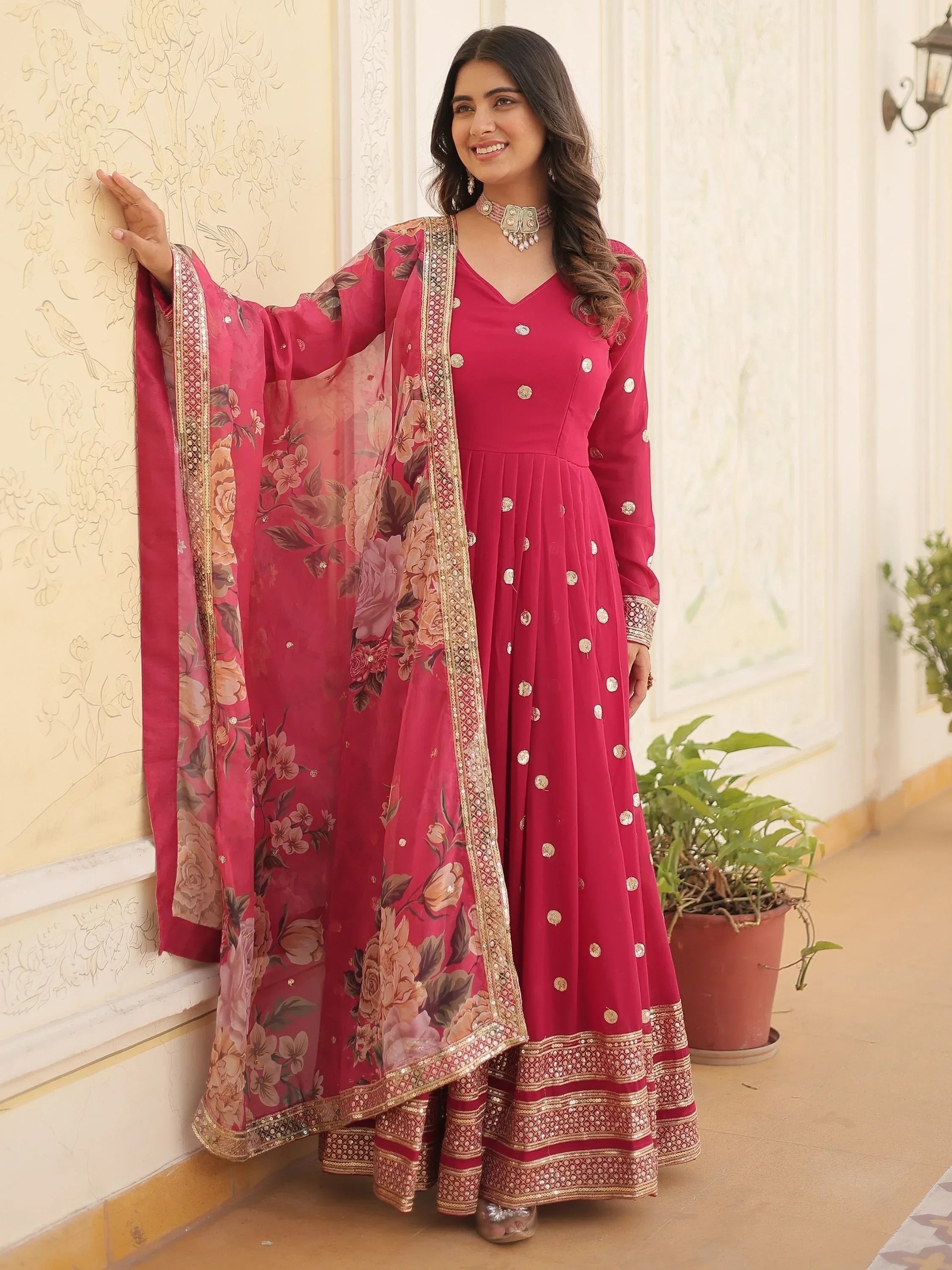Fascinating Rani Pink Embroidered Georgette Event Wear Gown