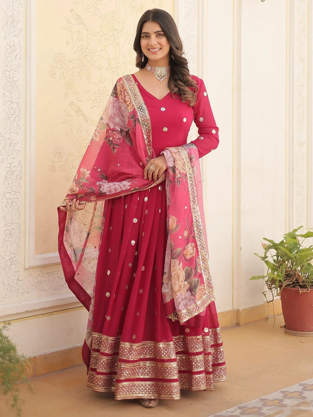 Fascinating Rani Pink Embroidered Georgette Event Wear Gown