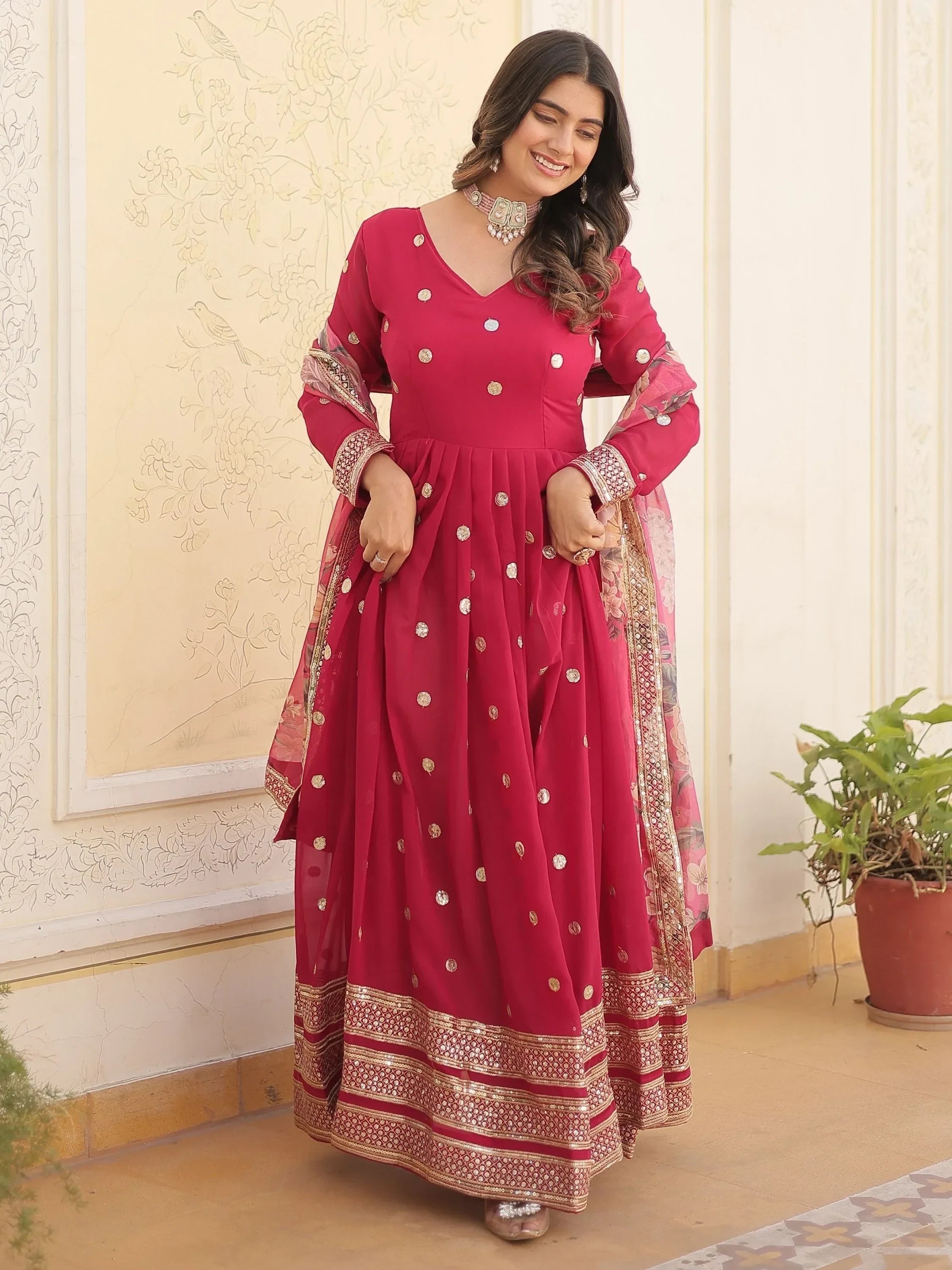 Fascinating Rani Pink Embroidered Georgette Event Wear Gown