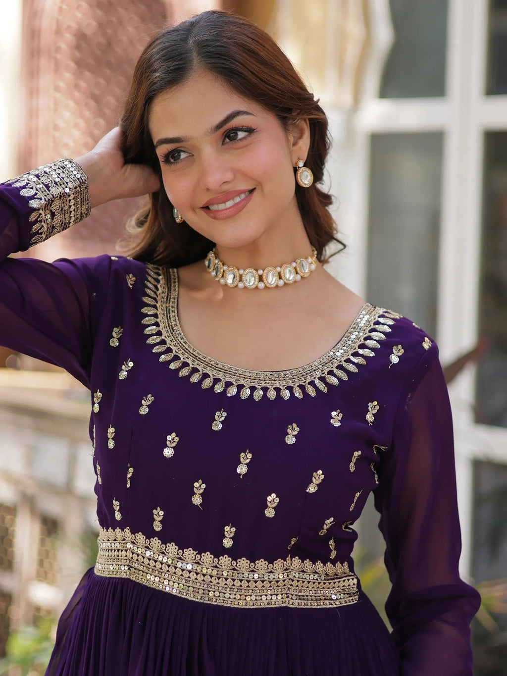 Purple Wonderful Zari Embroidered Georgette Wedding Wear Gown