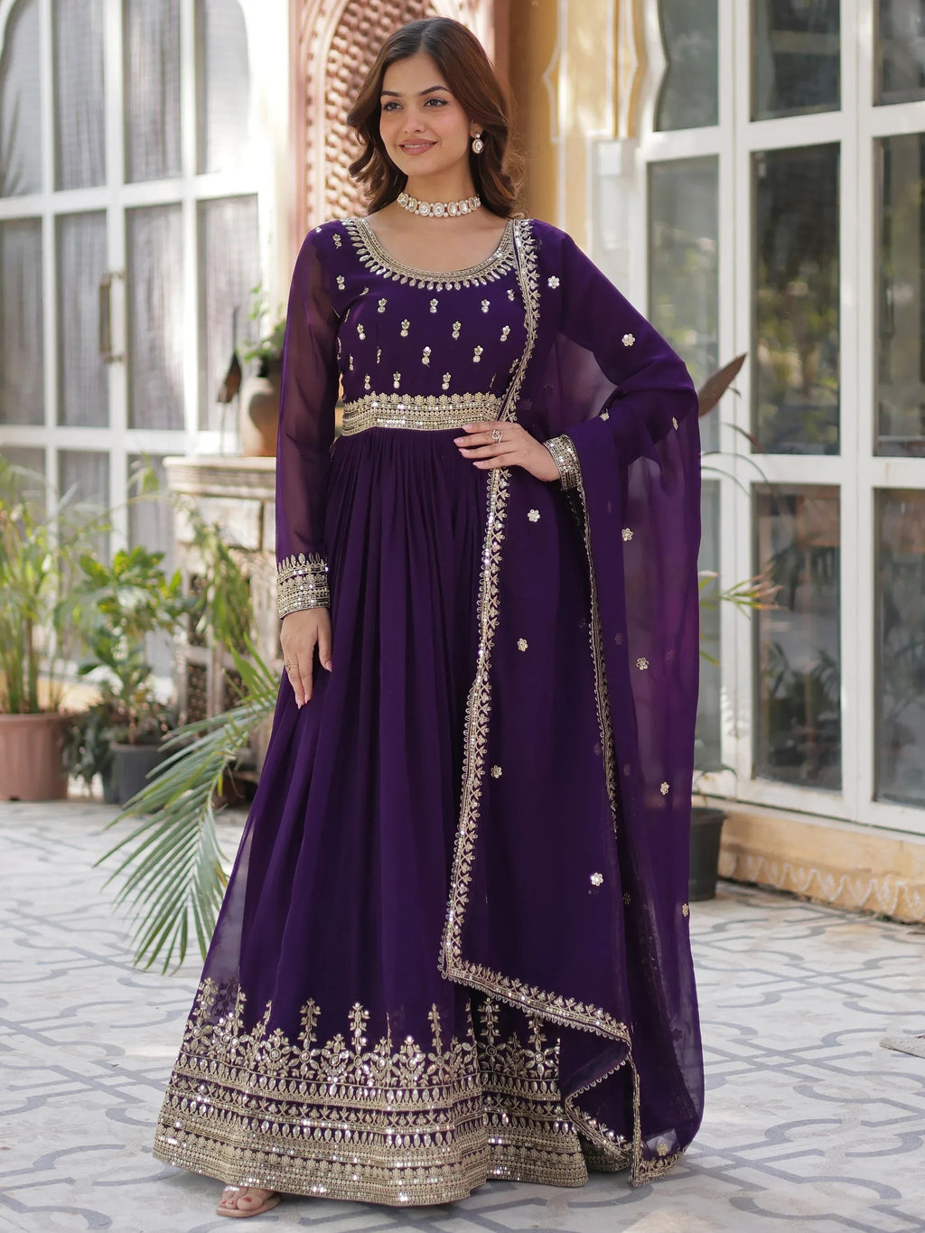 Purple Wonderful Zari Embroidered Georgette Wedding Wear Gown