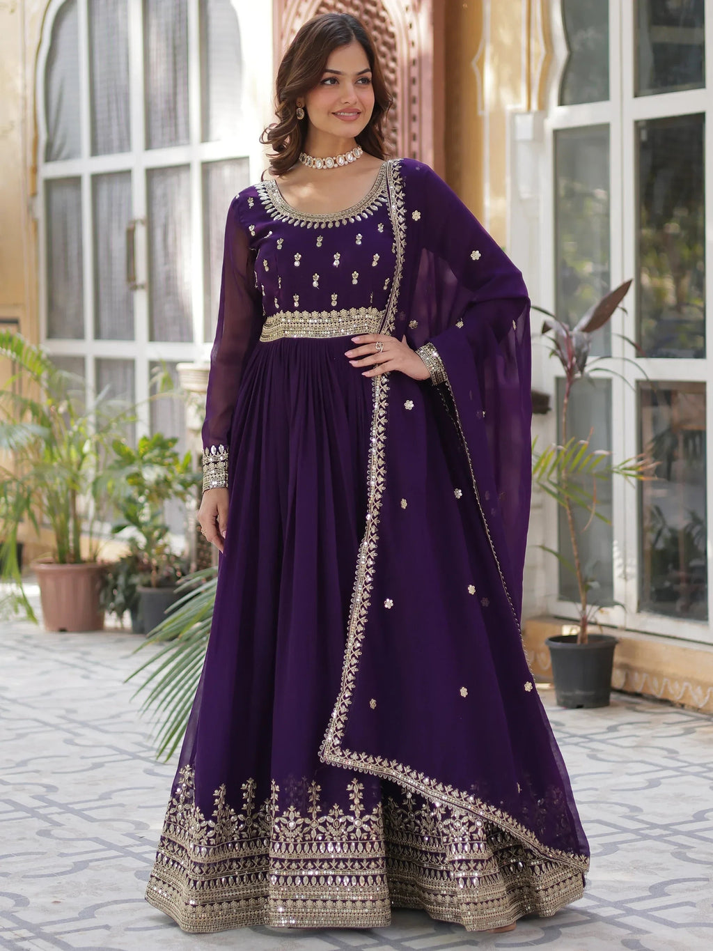 Purple Wonderful Zari Embroidered Georgette Wedding Wear Gown