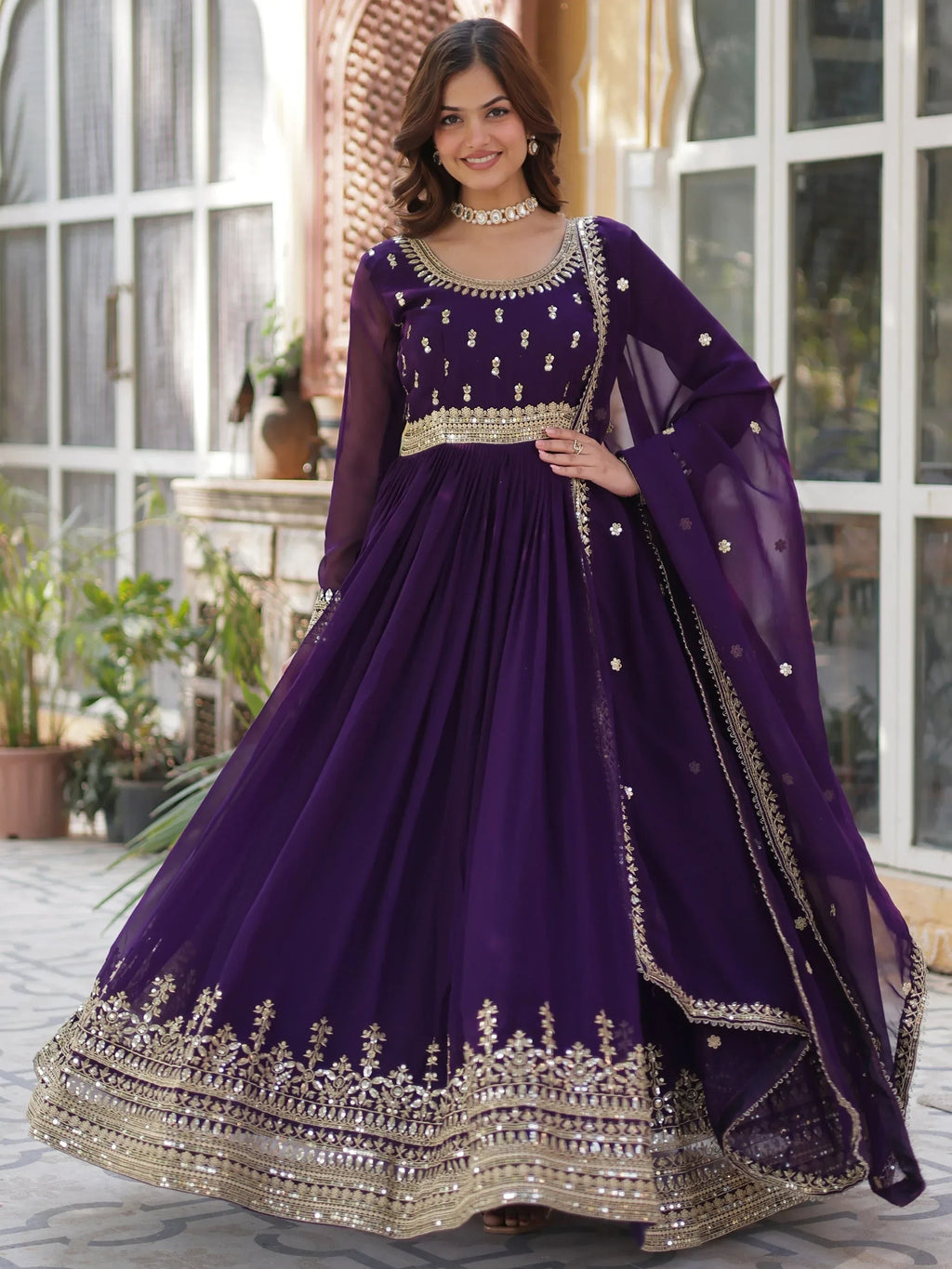 Purple Wonderful Zari Embroidered Georgette Wedding Wear Gown