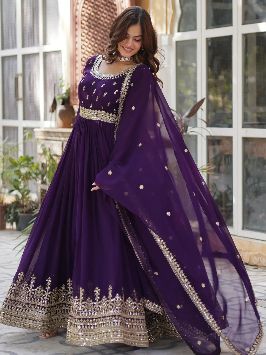 Purple Wonderful Zari Embroidered Georgette Wedding Wear Gown