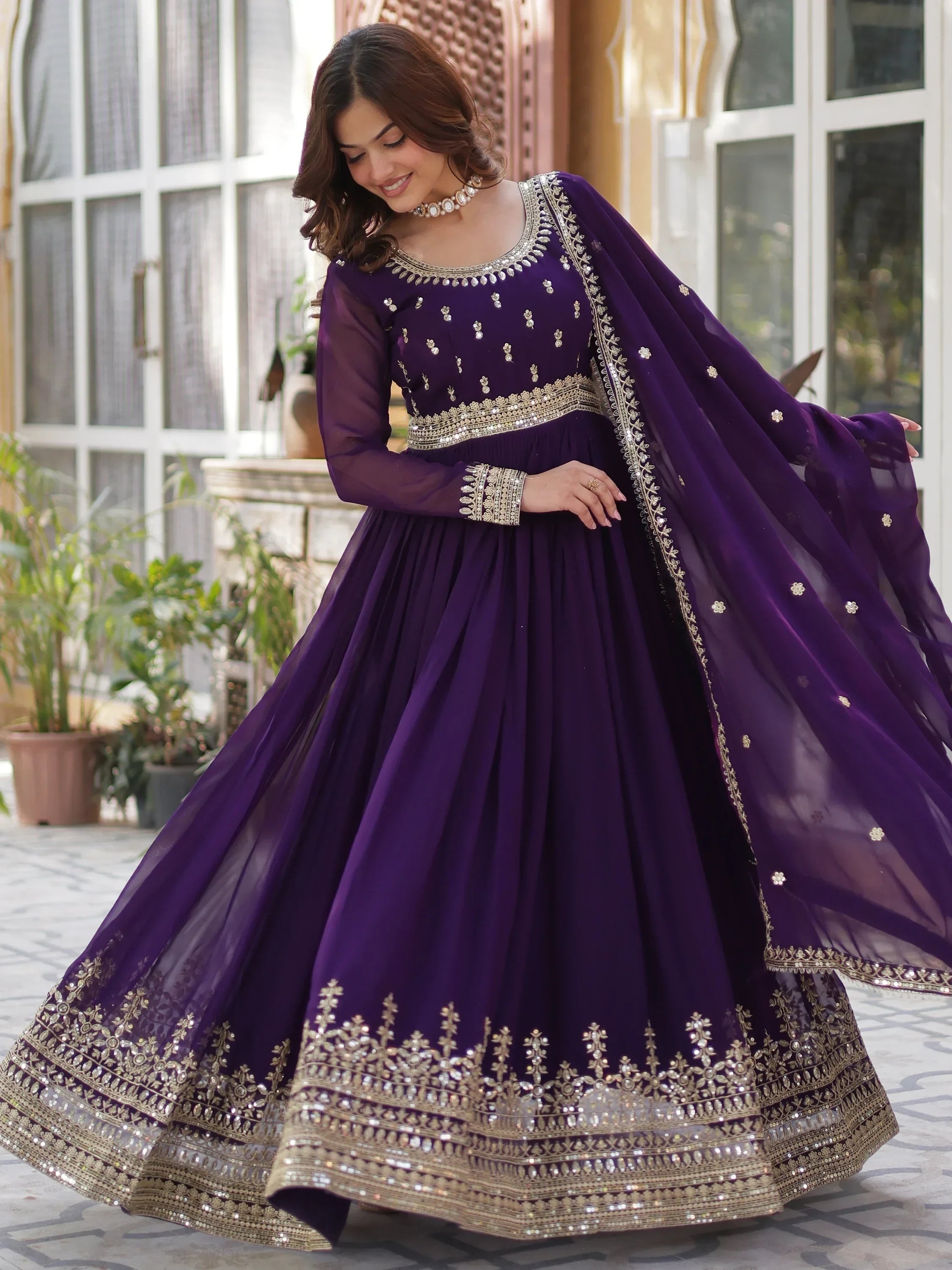 Purple Wonderful Zari Embroidered Georgette Wedding Wear Gown